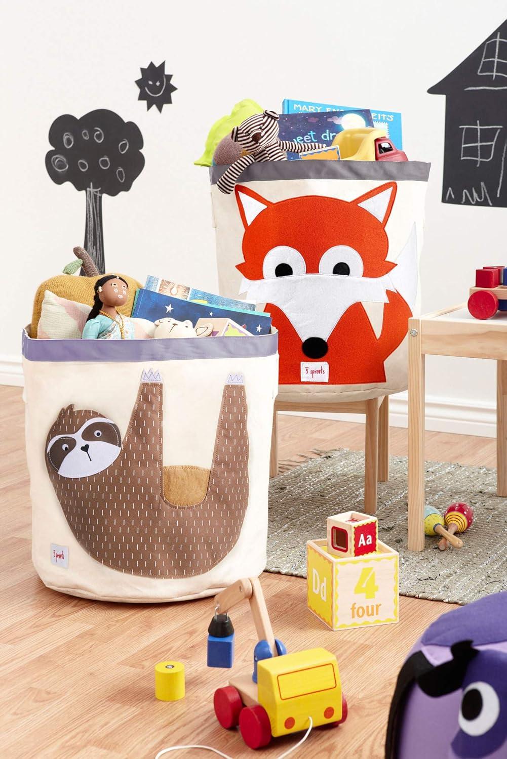 Large Beige and Brown Canvas Kids Toy Storage Basket with Sloth Design