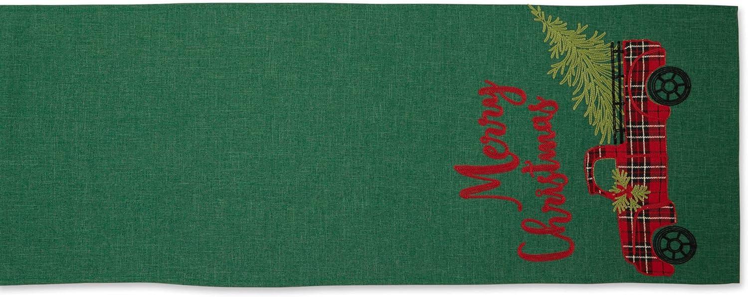 Green and Red Embroidered Christmas Truck Table Runner, 14x108