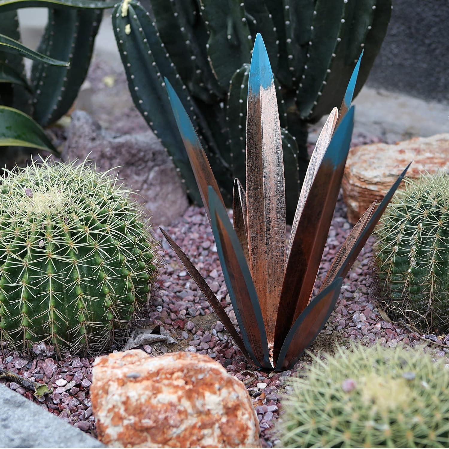 Large Orange and Blue Metal Agave Garden Sculpture