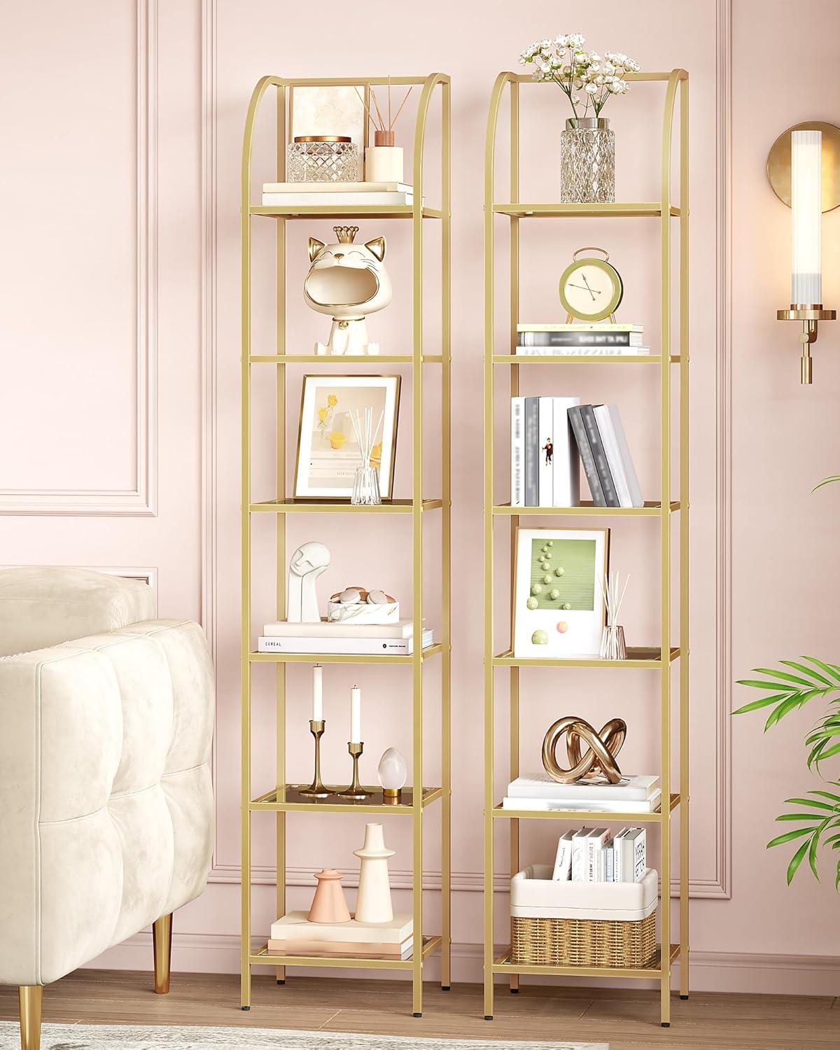 Mercer41 Bookcase Bookshelf, Tempered Glass Arched Bookshelf For More Storage, Slim Shelving Unit For Bedroom, Bathroom, Home Office, Steel Frame, 6 Tier Gold