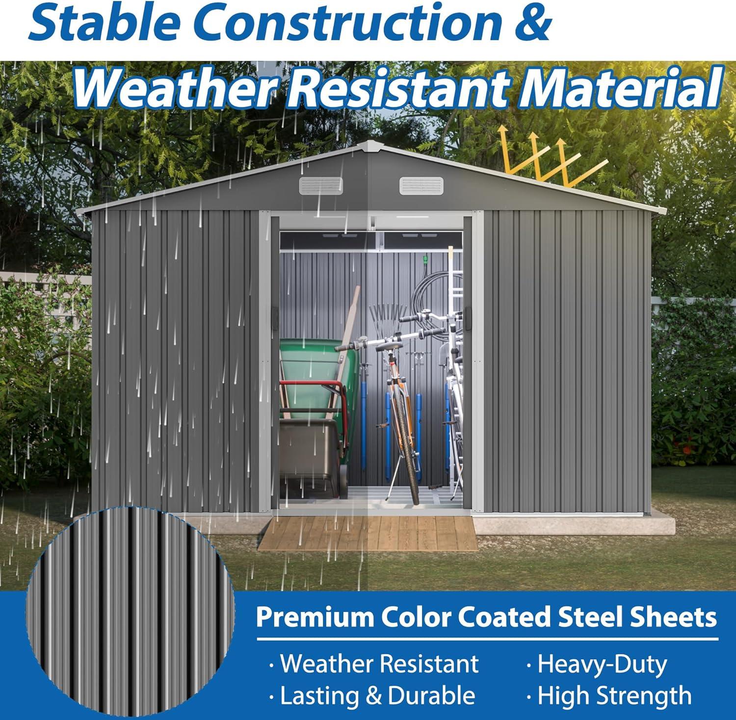 10X8 FT Outdoor Tool Storage Shed with Metal Foundation & Lockable Doors, All Weather Metal Sheds for Garden, Patio, Backyard, Lawn, Gray