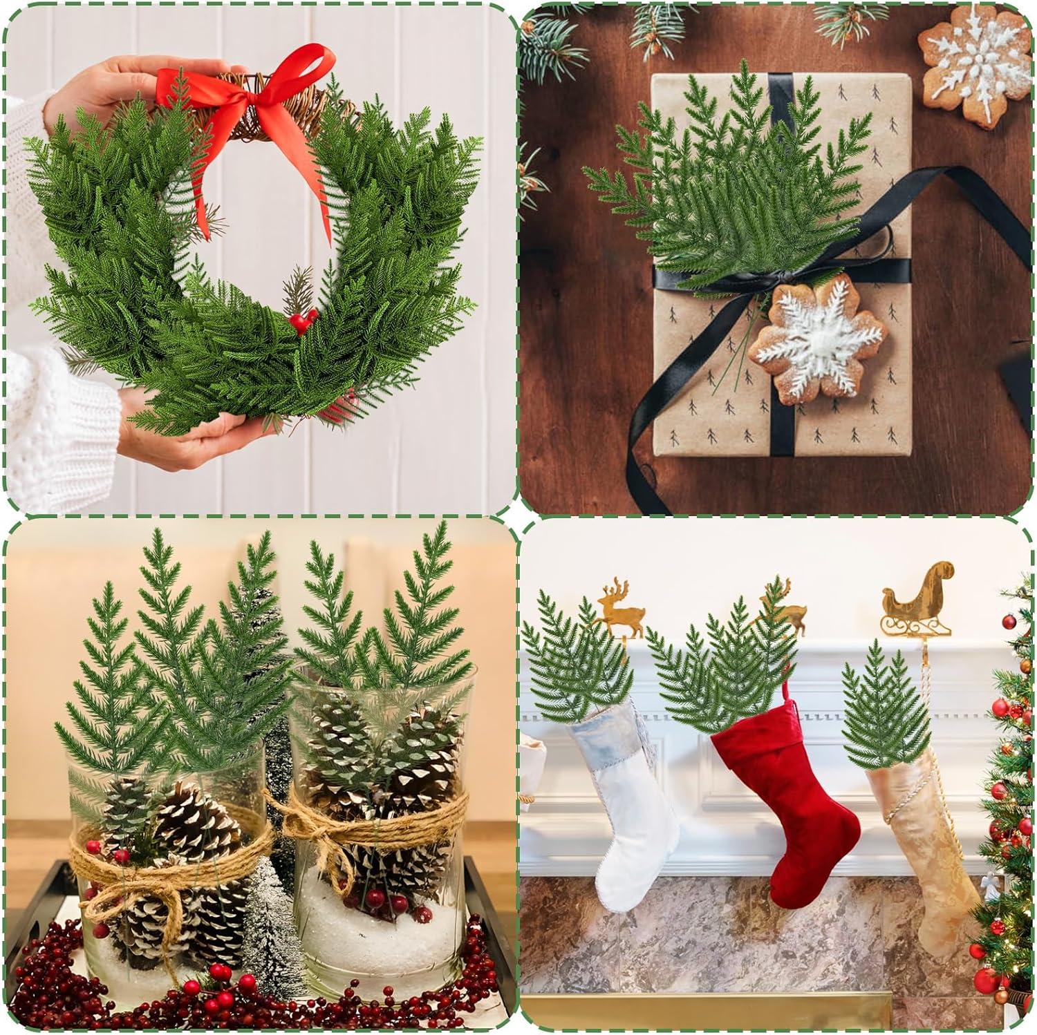 50 Pcs Artificial Pine Branches Christmas Pine Needles Green Plants Fake Greenery Pine Picks Christmas Decorations for DIY Garland Wreath Xmas Embellishing and Home Garden Decoration