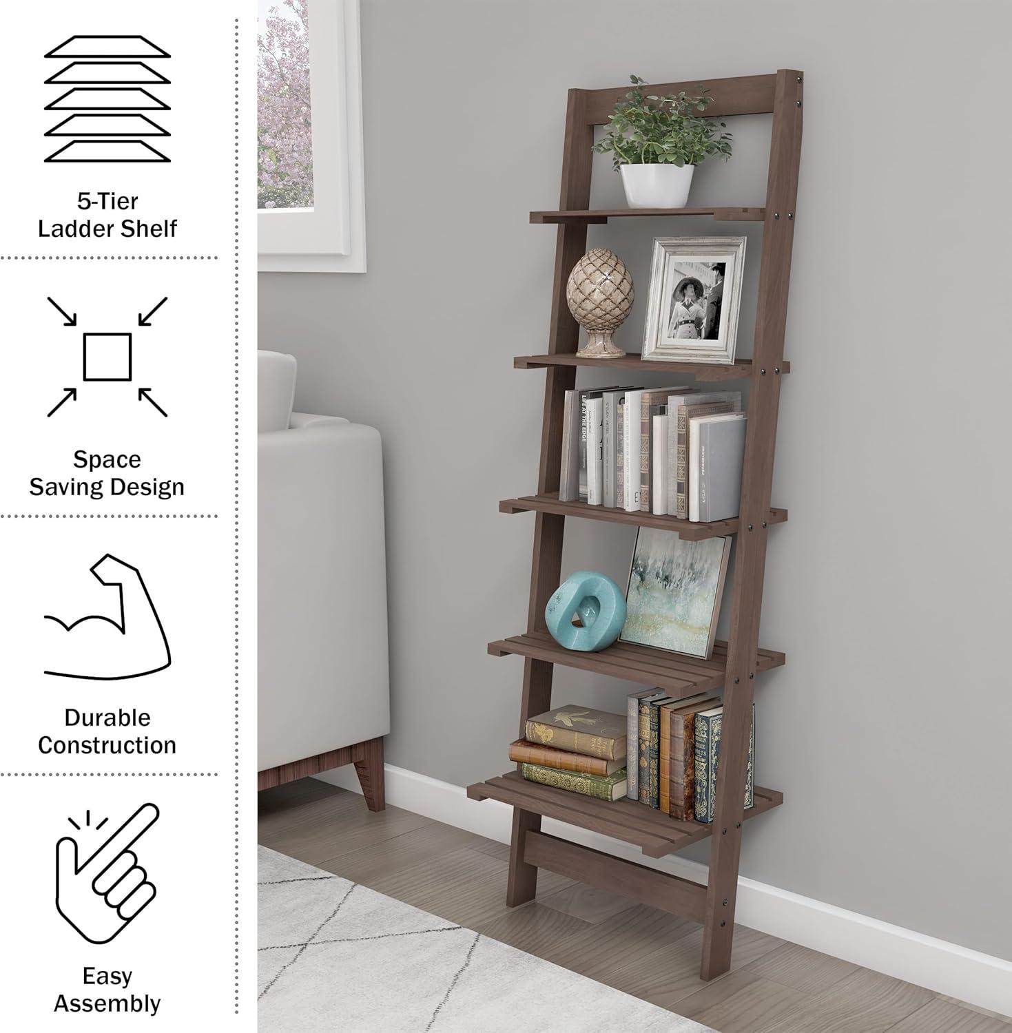 Walnut 5-Tier Ladder Bookshelf for Small Spaces