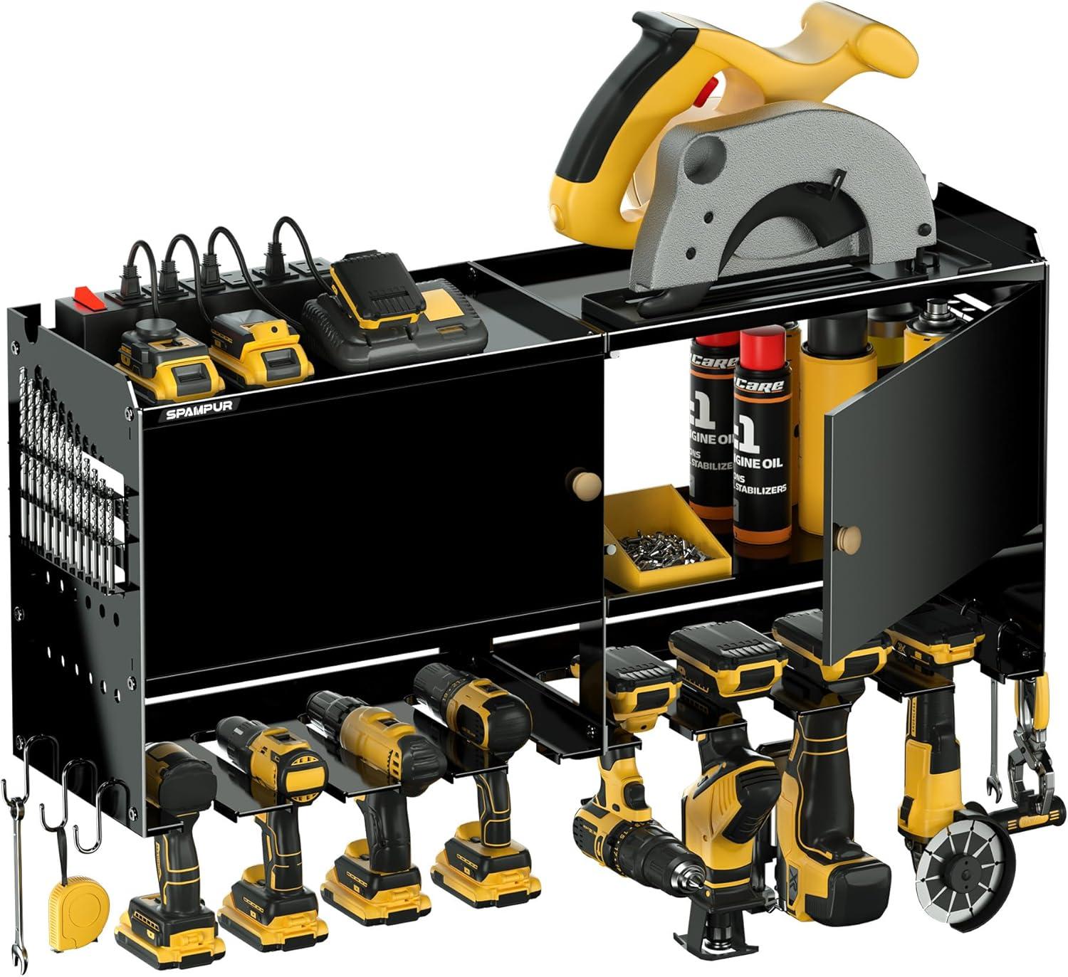 Spampur Power Tool Organizer Wall Mount with Charging Station, Garage Tool Shelf 6 Drill Holders, Tool Battery Holder with Plier holder Heavy Duty Rack, Tool Storage Rack with 4 Outlet Power Strip