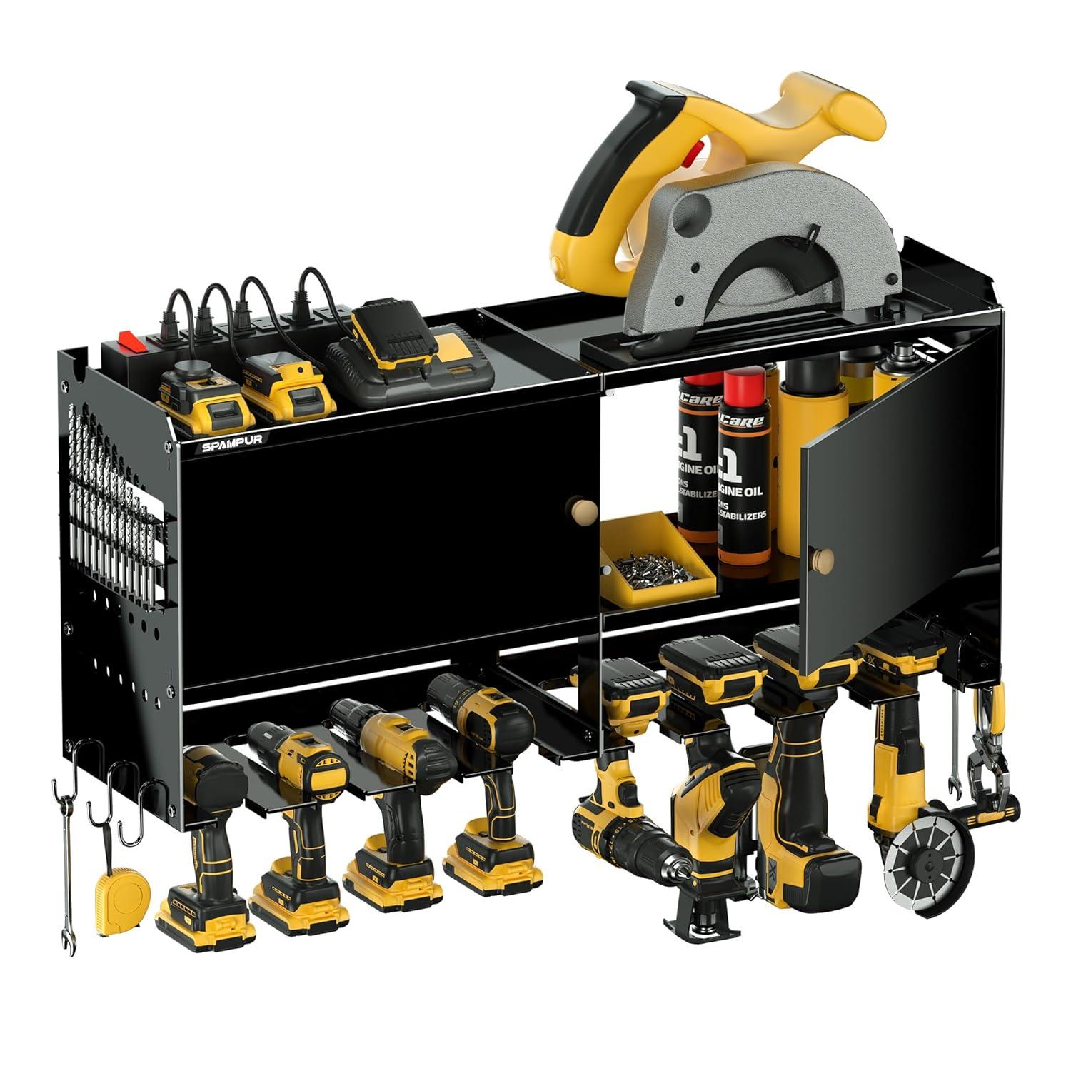 Spampur Power Tool Organizer Wall Mount with Charging Station, Garage Tool Shelf 6 Drill Holders, Tool Battery Holder with Plier holder Heavy Duty Rack, Tool Storage Rack with 4 Outlet Power Strip