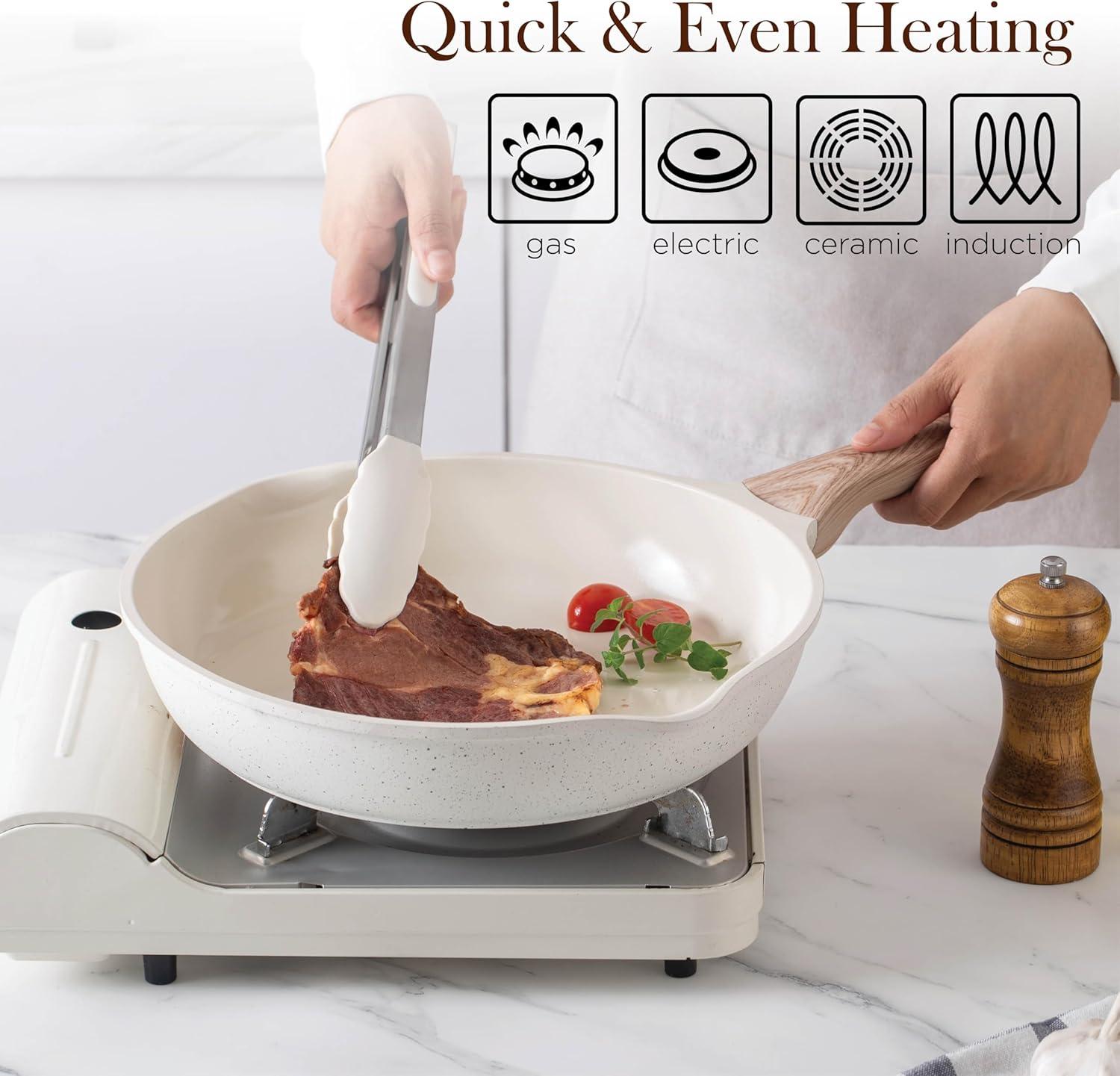 Cream Nonstick Aluminum Cookware Set with Wood Handles, 14 Pieces