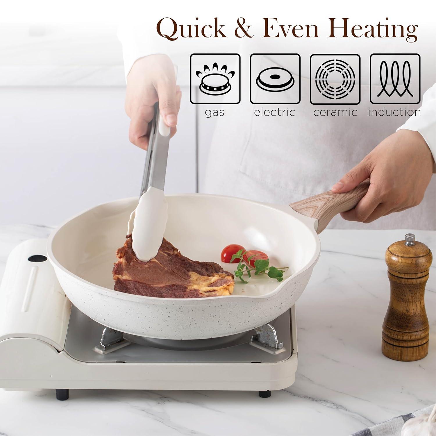 Cream Nonstick Aluminum Cookware Set with Wood Handles, 14 Pieces