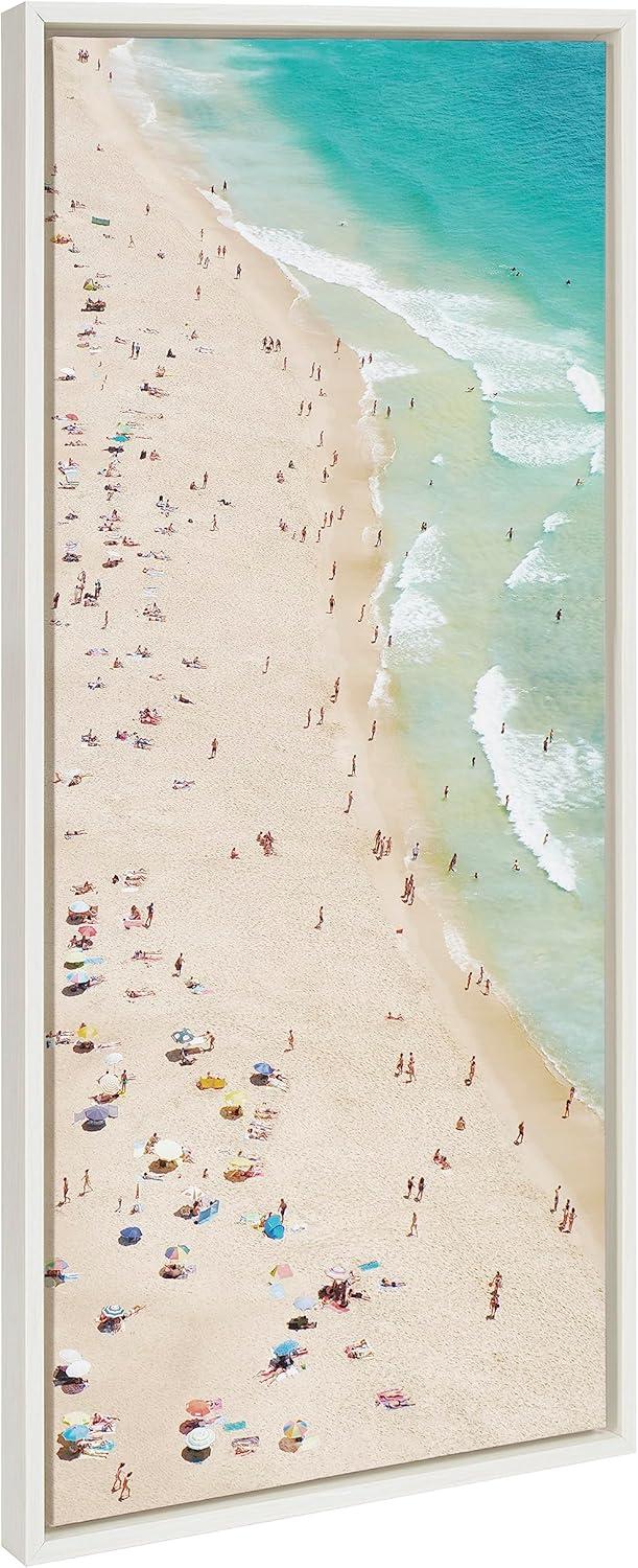 Crowded Beach Aerial View Coastal Canvas Wall Art, 18x40, White Frame