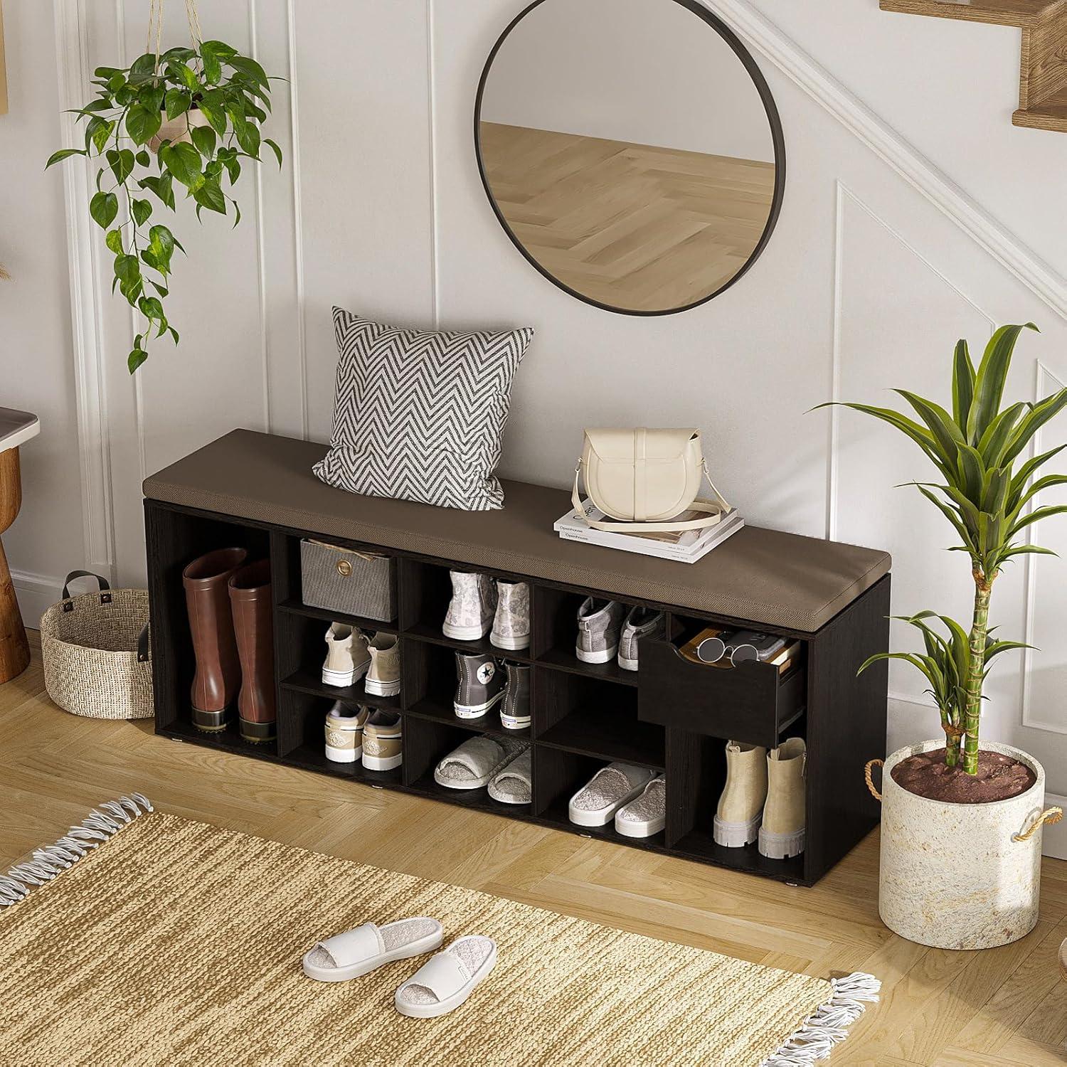 Shoe Rack Bench with Cushion 15-Cube Storage Bench Storage Cabinet for Entryway Espresso