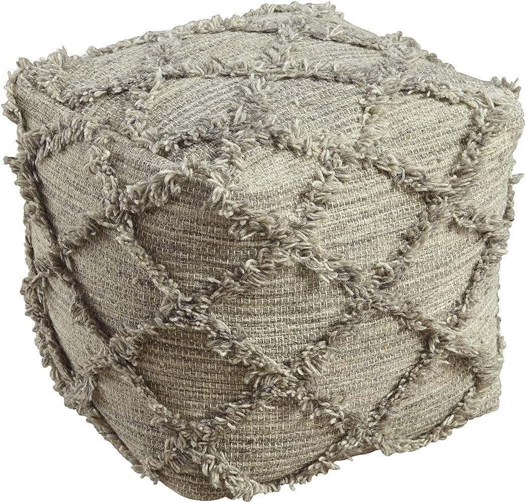 Gray Handwoven Wool Pouf with Diamond Fringe Design