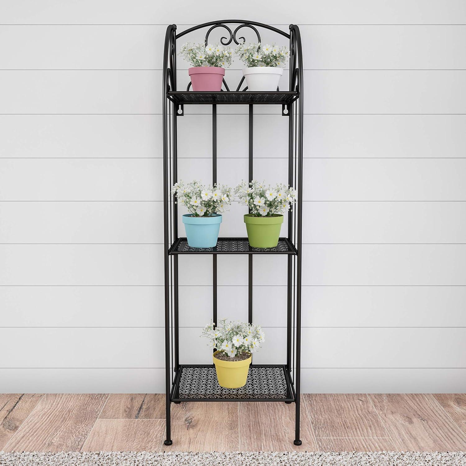 Black Wrought Iron 3-Tier Folding Plant Stand