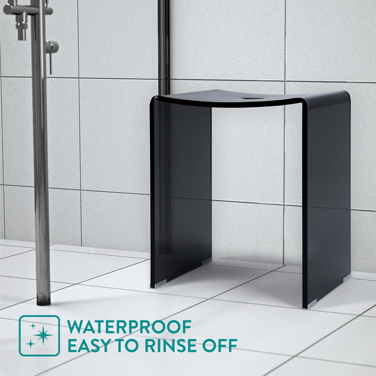 Navaris Black Acrylic Shower Bench - Waterproof Stool for Bathroom or Vanity 17.1" x 14.6" x 11" - Modern Glam Transparent Seat - Holds up to 220 lbs