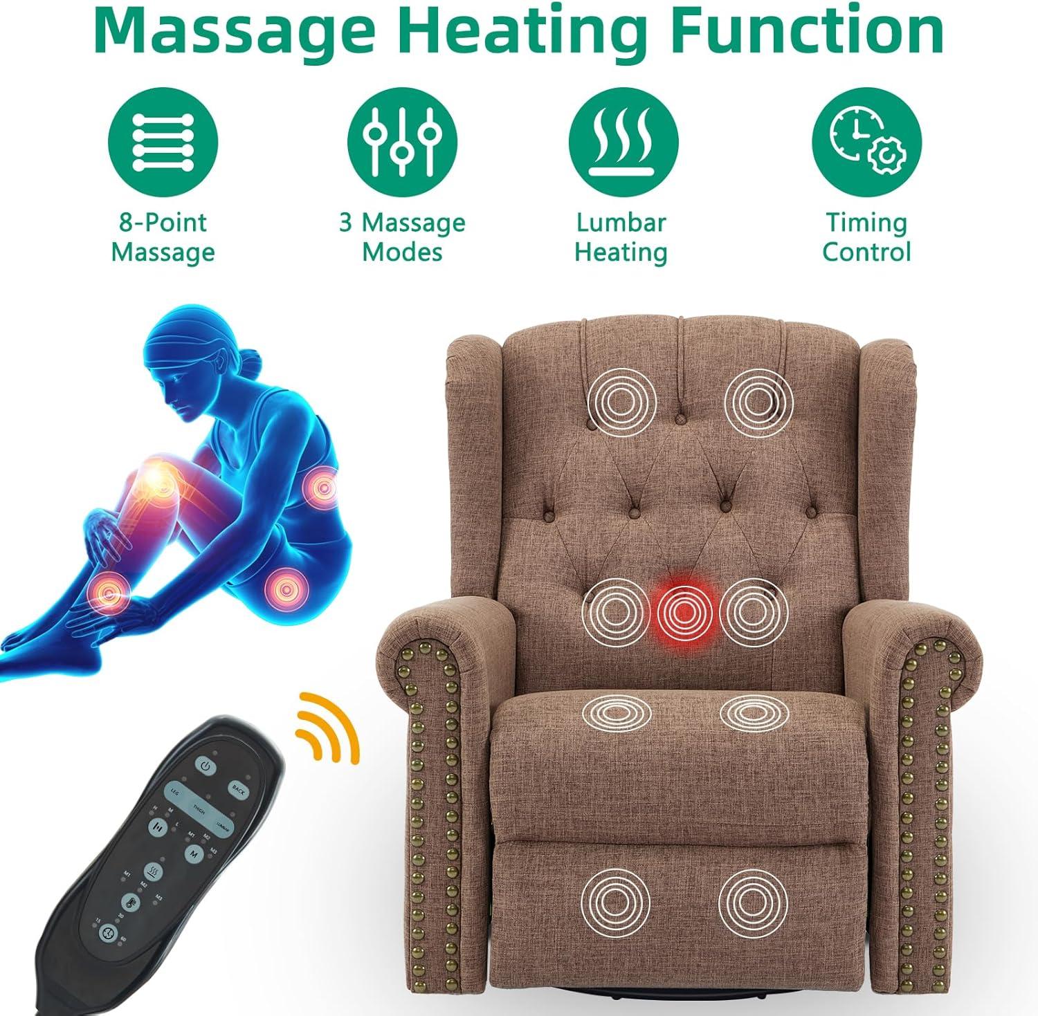 MEETWARM Meetwarm Power Swivel Rocking Glider Recliner Chair With Heat And Vibration, Electric Rocker Nursery Reclining Chair, Wingback Tufted Upholstered Recliner For Living Room, Type-C & Usb Ports