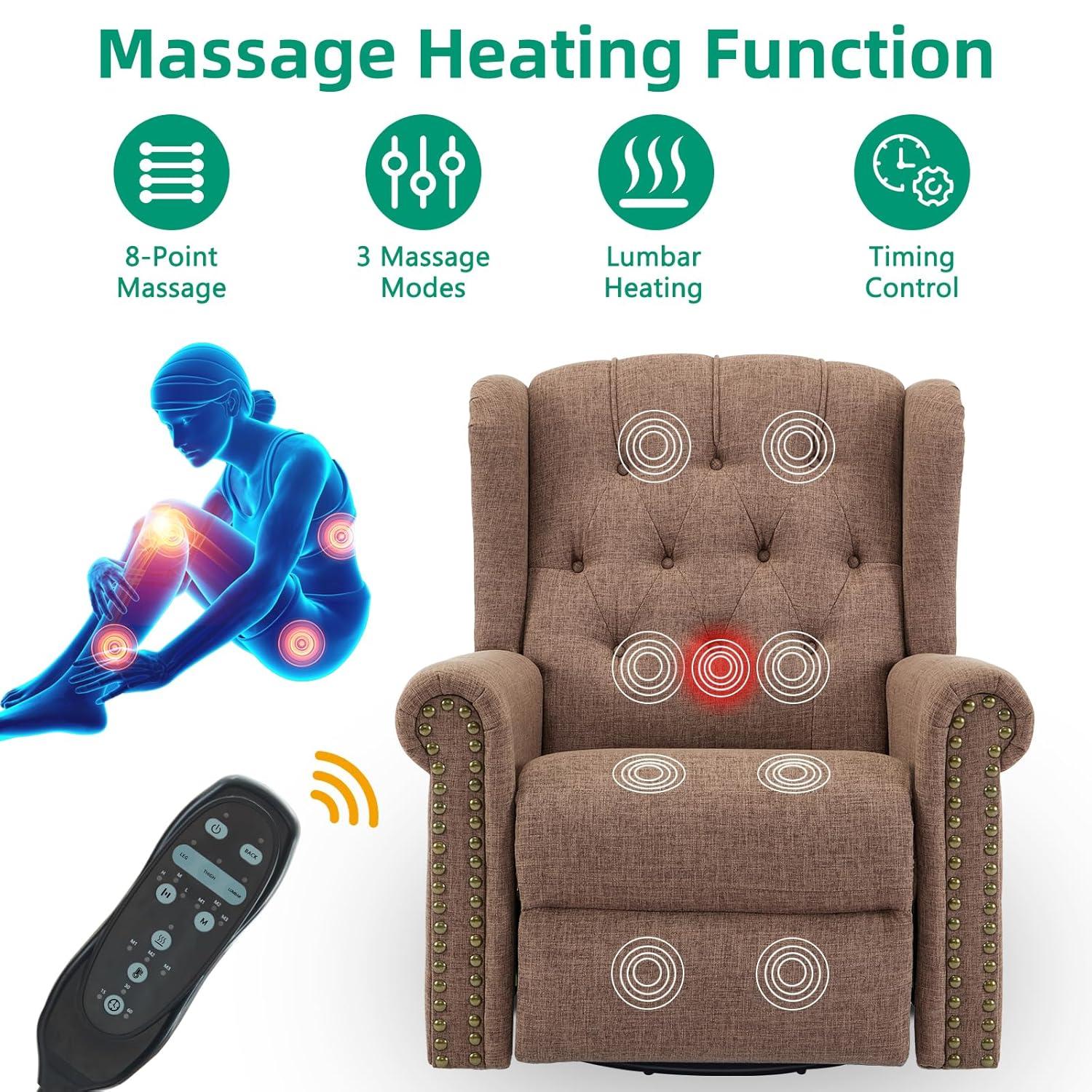 MEETWARM Meetwarm Power Swivel Rocking Glider Recliner Chair With Heat And Vibration, Electric Rocker Nursery Reclining Chair, Wingback Tufted Upholstered Recliner For Living Room, Type-C & Usb Ports