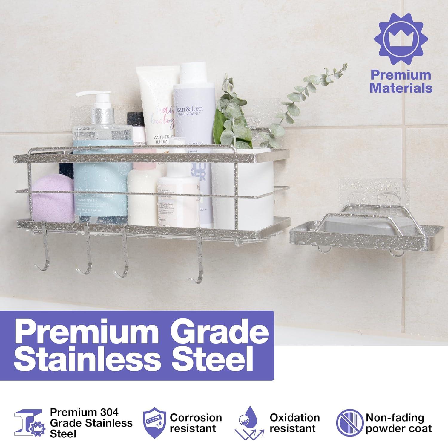 KINCMAX Premium Shower Caddy - Adhesive Bathroom Shower Organizer and Storage w/ 4 Hooks