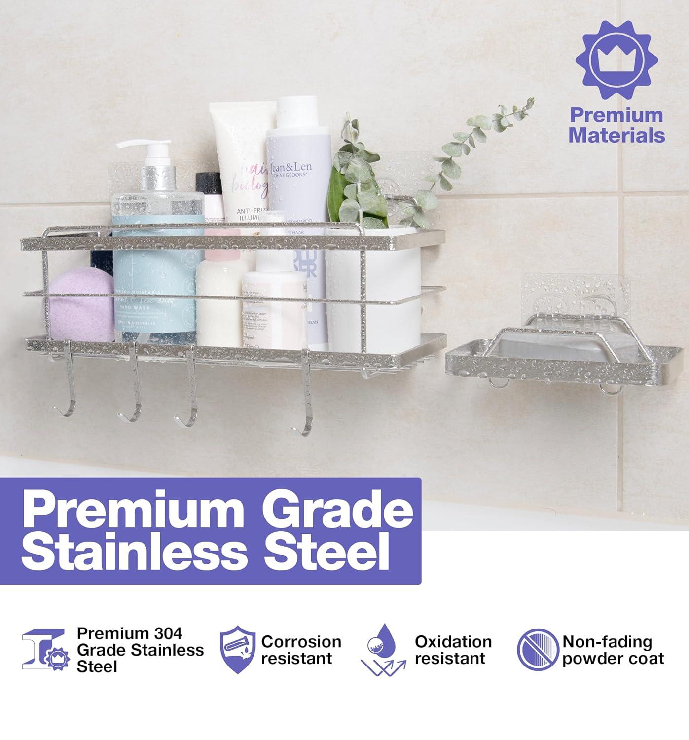KINCMAX Premium Shower Caddy - Adhesive Bathroom Shower Organizer and Storage w/ 4 Hooks