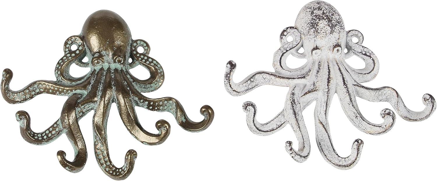 DecMode 8"W, 7"H Bronze Metal 6 Hangers Octopus Wall Hook, 2-Pieces