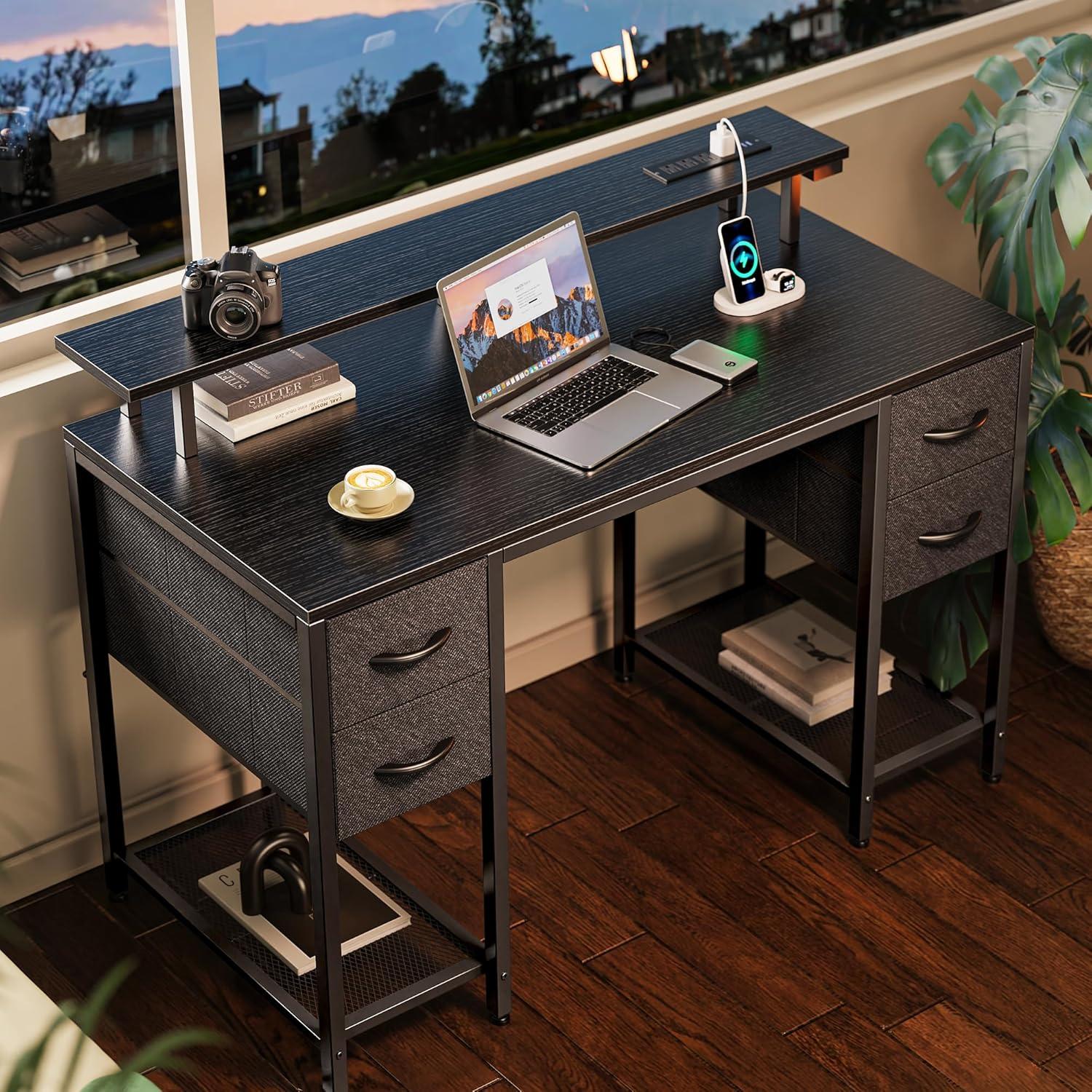 Black Rectangular Gaming Desk with LED Lights, Drawers, and Power Outlets