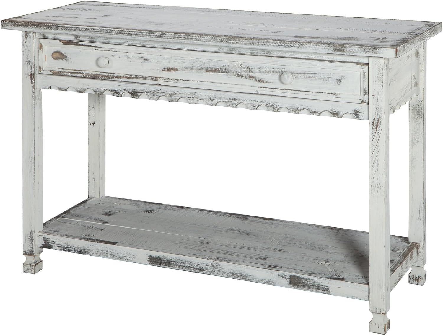 Antique White Cottage-Inspired Media Console with Storage Shelf