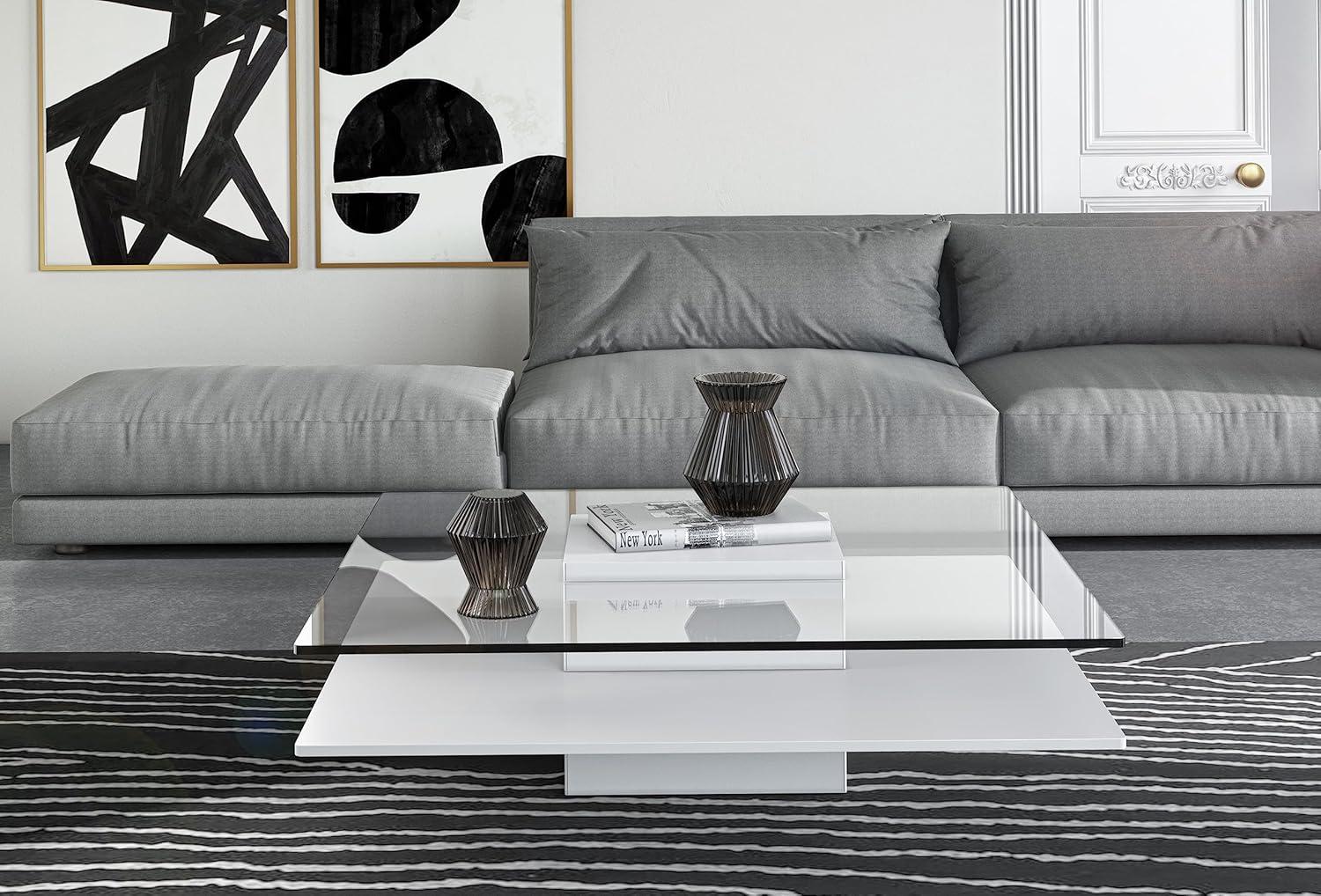 Modern White and Clear Glass Square Coffee Table