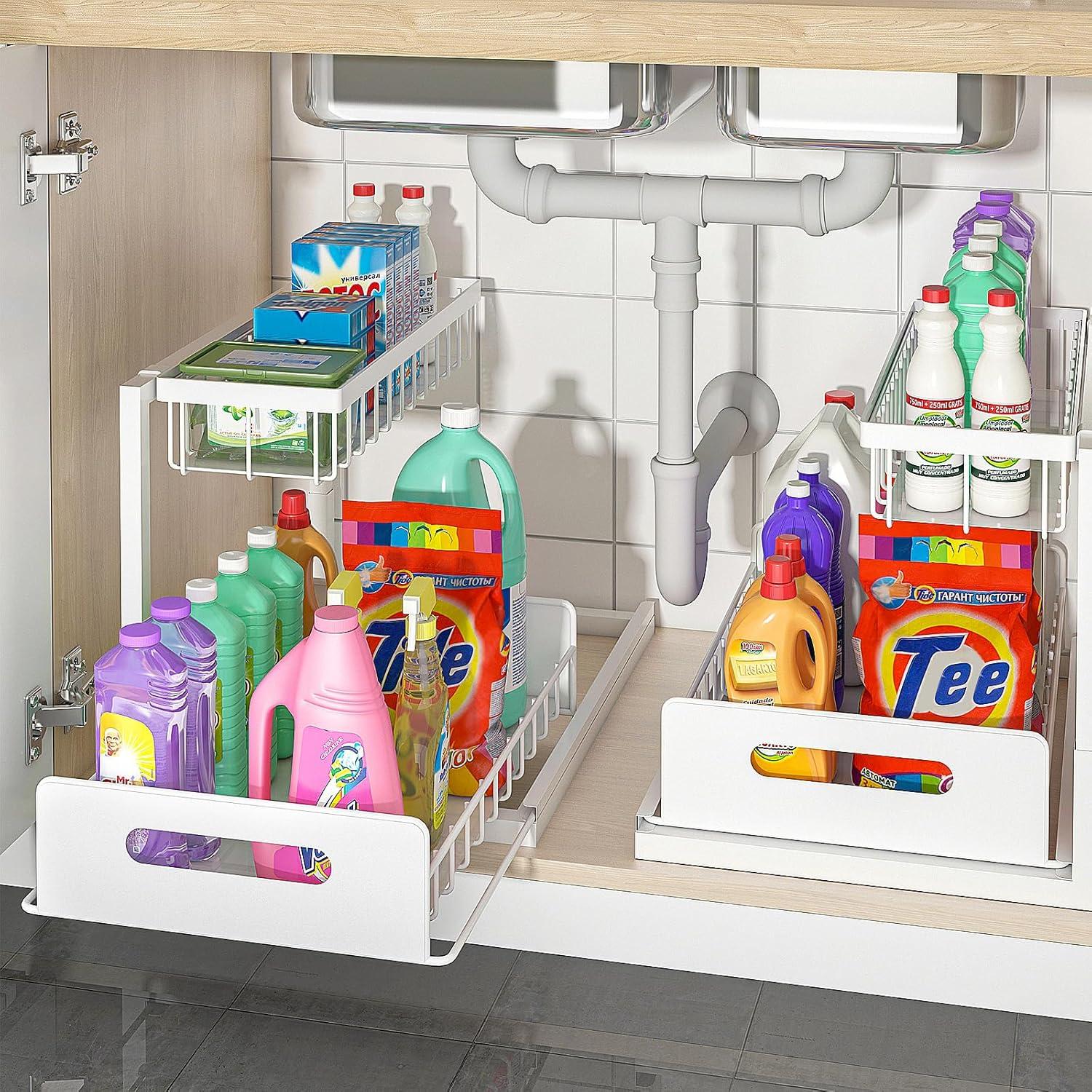Delamu 2 Pack Under Sink Organizer and Storage, 2 Tier Pull Out Cabinet Organizer, Slide Out Under Sink Storage Shelf for Kitchen Bathroom, White