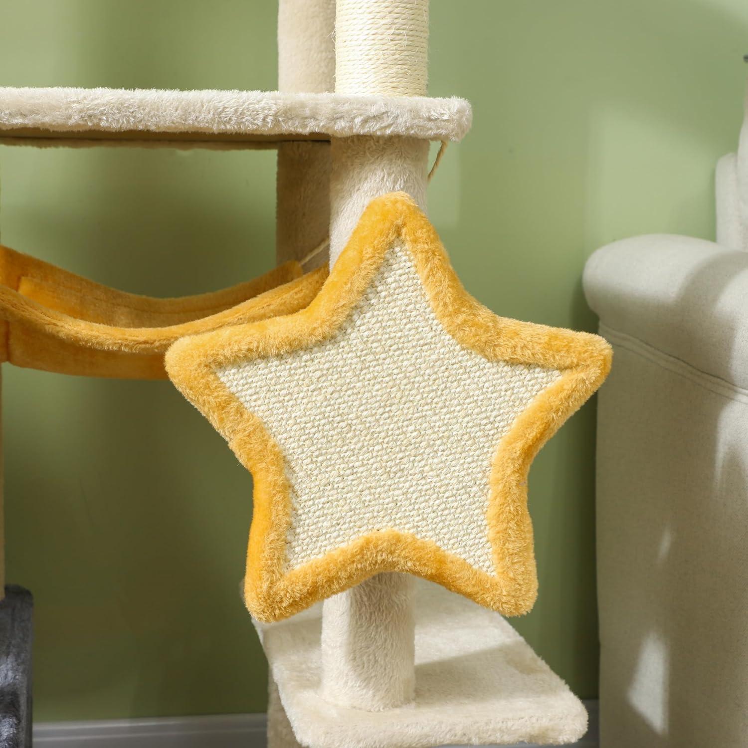 PawHut Cat Tree, 63 Inch Moon and Star Themed Cat Tower with Scratching Post, Hammock, Condo, Bed, Scratching Board & Cat Toys, Beige