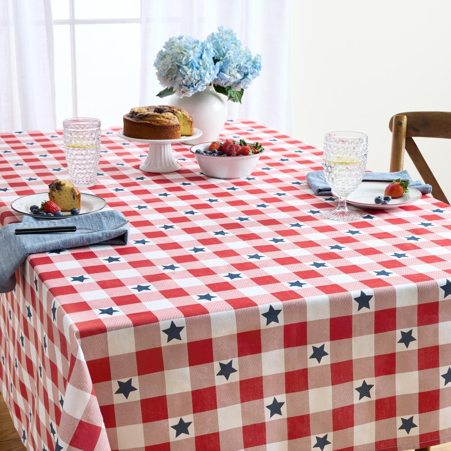 Americana Star Gingham Plaid Patriotic Tablecloth, Red/White/Blue, 60"x84"