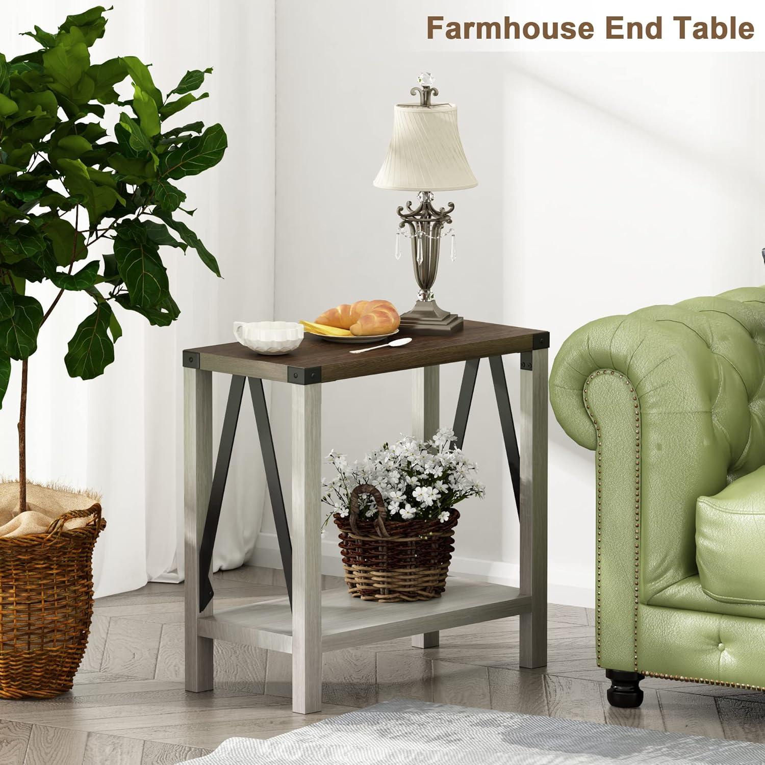 Gracie Oaks Farmhouse End Table For Small Spaces, Narrow Side End Table With Storage Shelf, Rustic A-Design Nightstand Sofa Table For Living Room, Bedroom 2 Pack