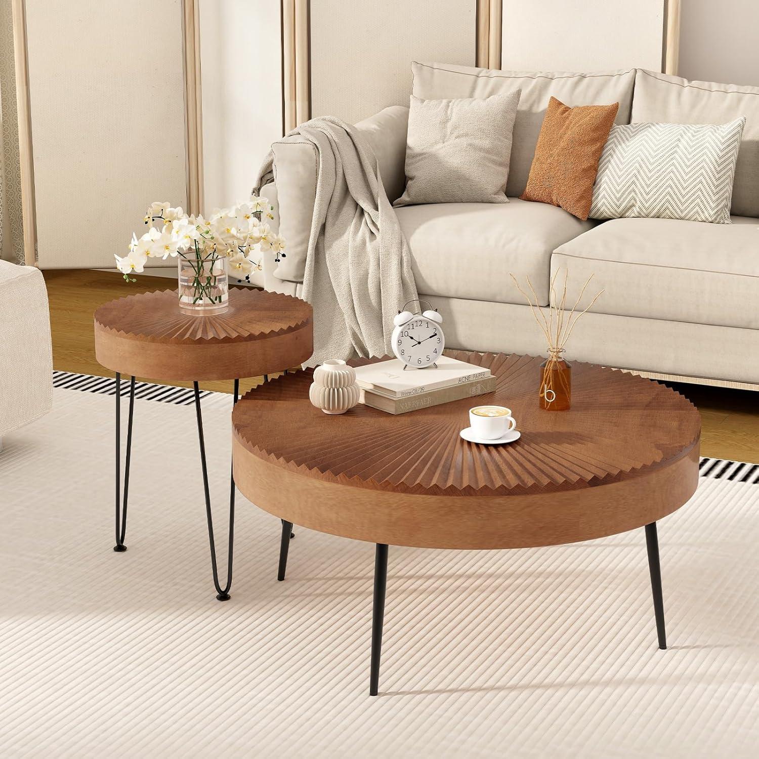 Millwood Pines Set of 2 Boho Round Coffee Table with Solid Pine Wood Top and Metal Legs