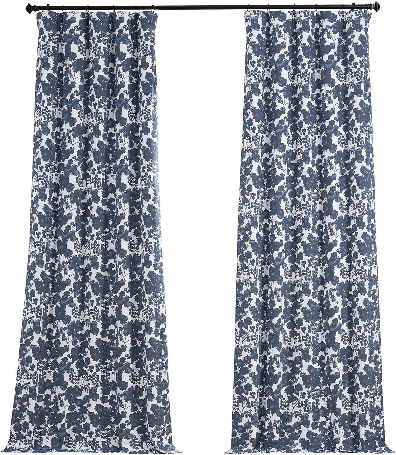 Fleur Blue Floral Cotton Blackout Drape Panel with Hidden Tabs