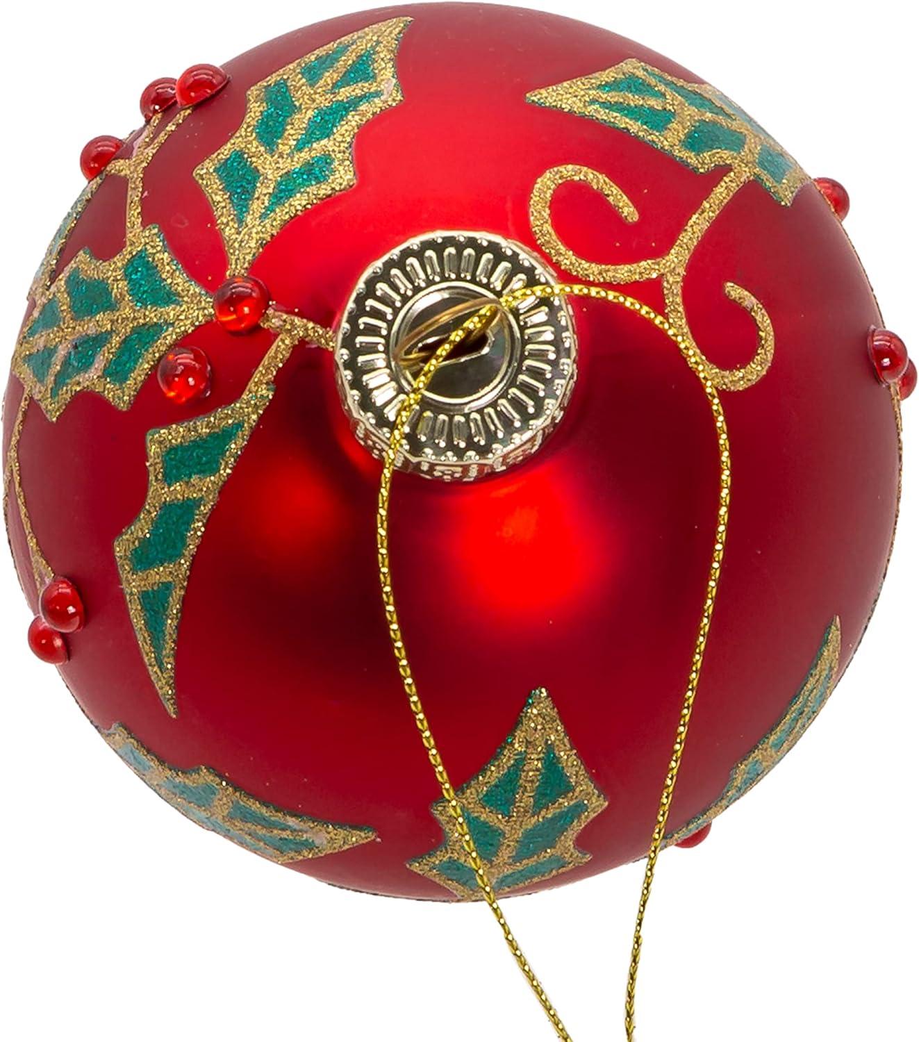 Kurt Adler 80MM Glass Red Berry and Holly Leaves 6-Piece Ball Ornament Set