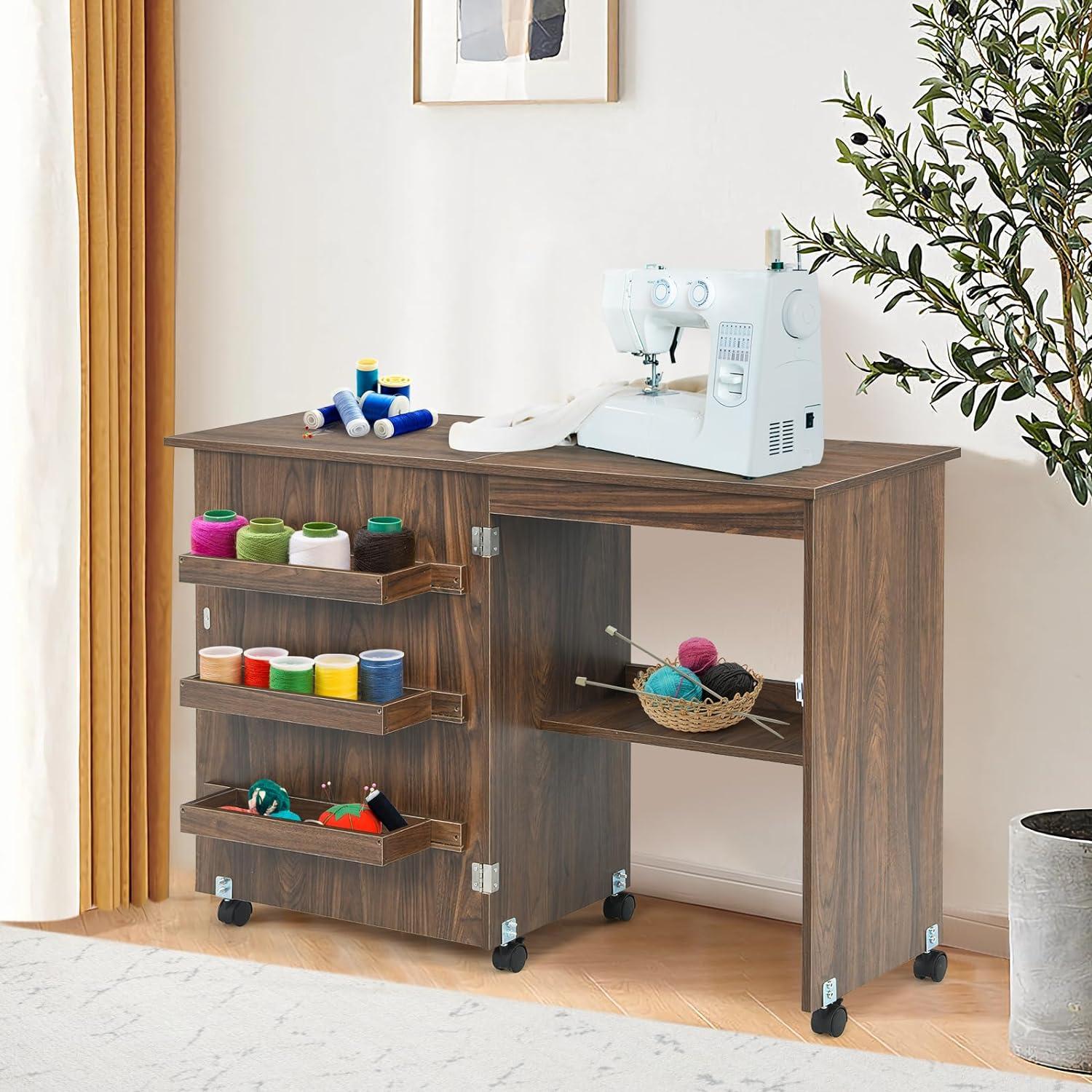 Costway Folding Sewing Craft Table Shelf Storage Cabinet Home Furniture W/Wheels Brown