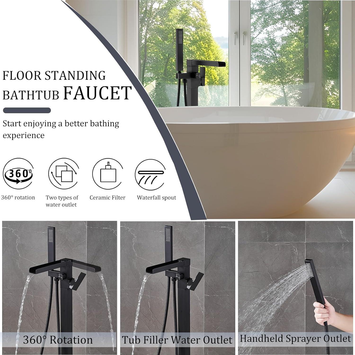 AlenArtWater Waterfall Tub Filler Freestanding Bathtub Faucet Floor Mount Brass Single Handle Bathroom Faucets with Hand Shower 93-LJQKCZ