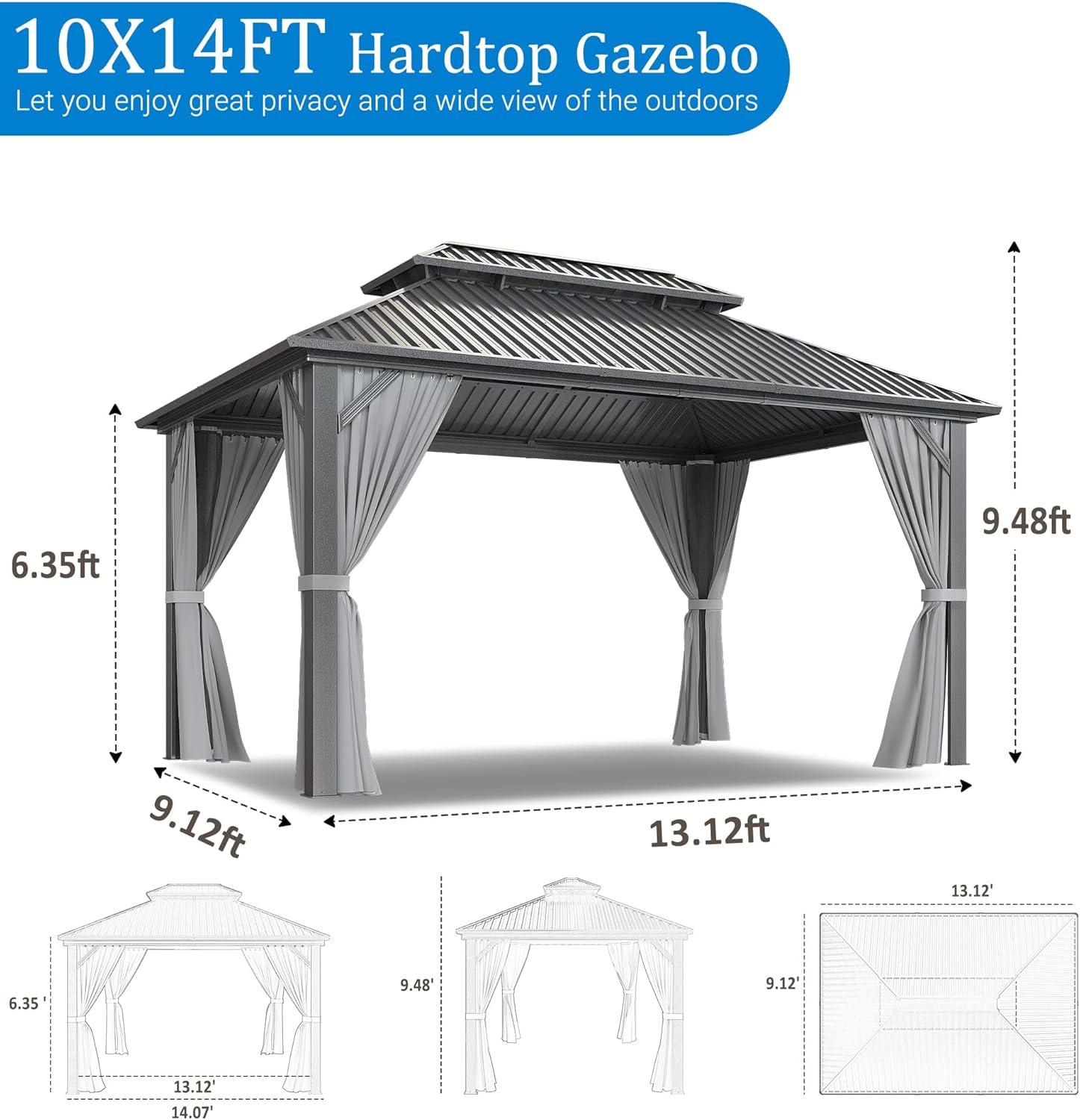 Barton 10x14 Gazebo, Hardtop Gazebo With Aluminum Frame, Double Galvanized Steel Roof, Curtains and Netting Included, Metal Gazebos Pergolas for Patios, Garden, Parties, Lawns