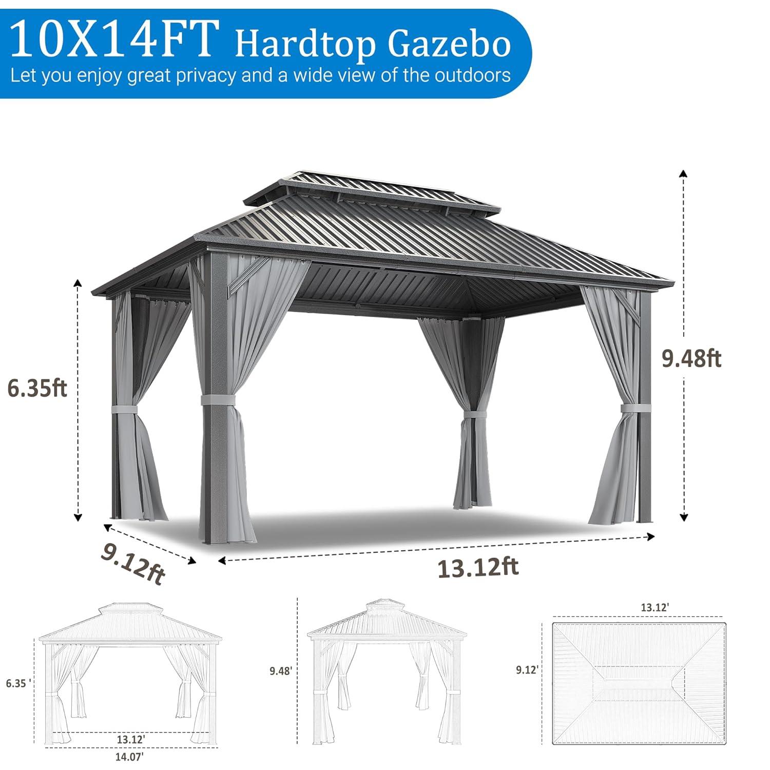 Barton 10x14 Gazebo, Hardtop Gazebo With Aluminum Frame, Double Galvanized Steel Roof, Curtains and Netting Included, Metal Gazebos Pergolas for Patios, Garden, Parties, Lawns