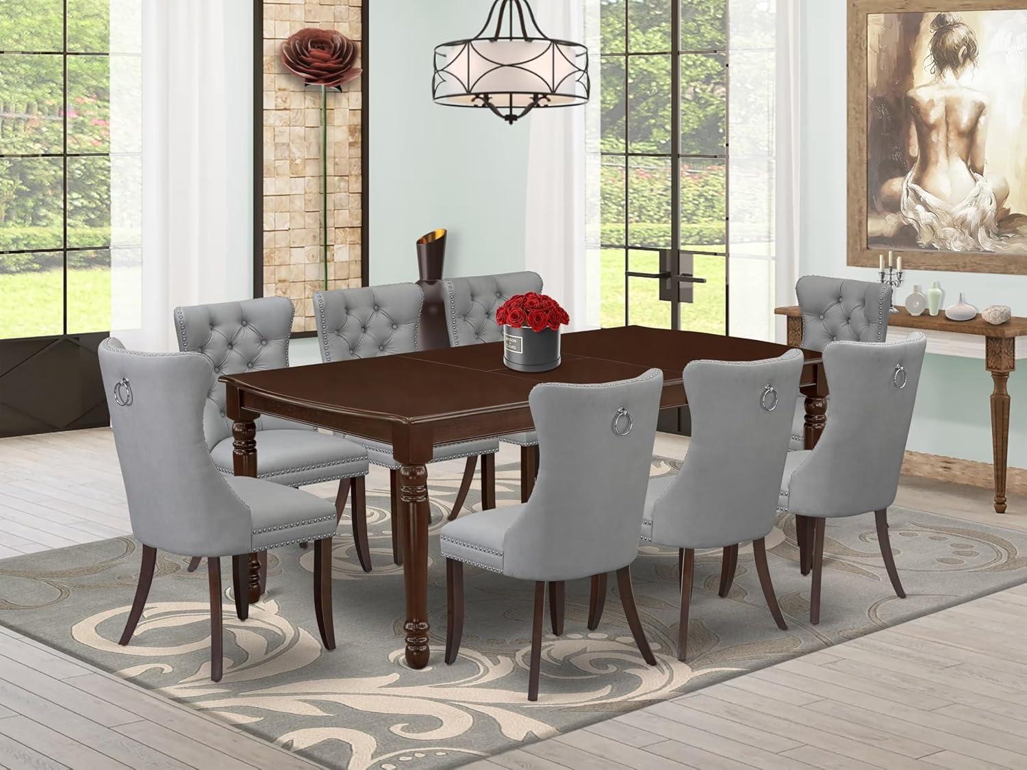 HomeStock 9 Piece Dining Set Includes A Rectangle Kitchen Table With Earthy Elegance Leaf And 8 Upholstered Chairs, Mahogany