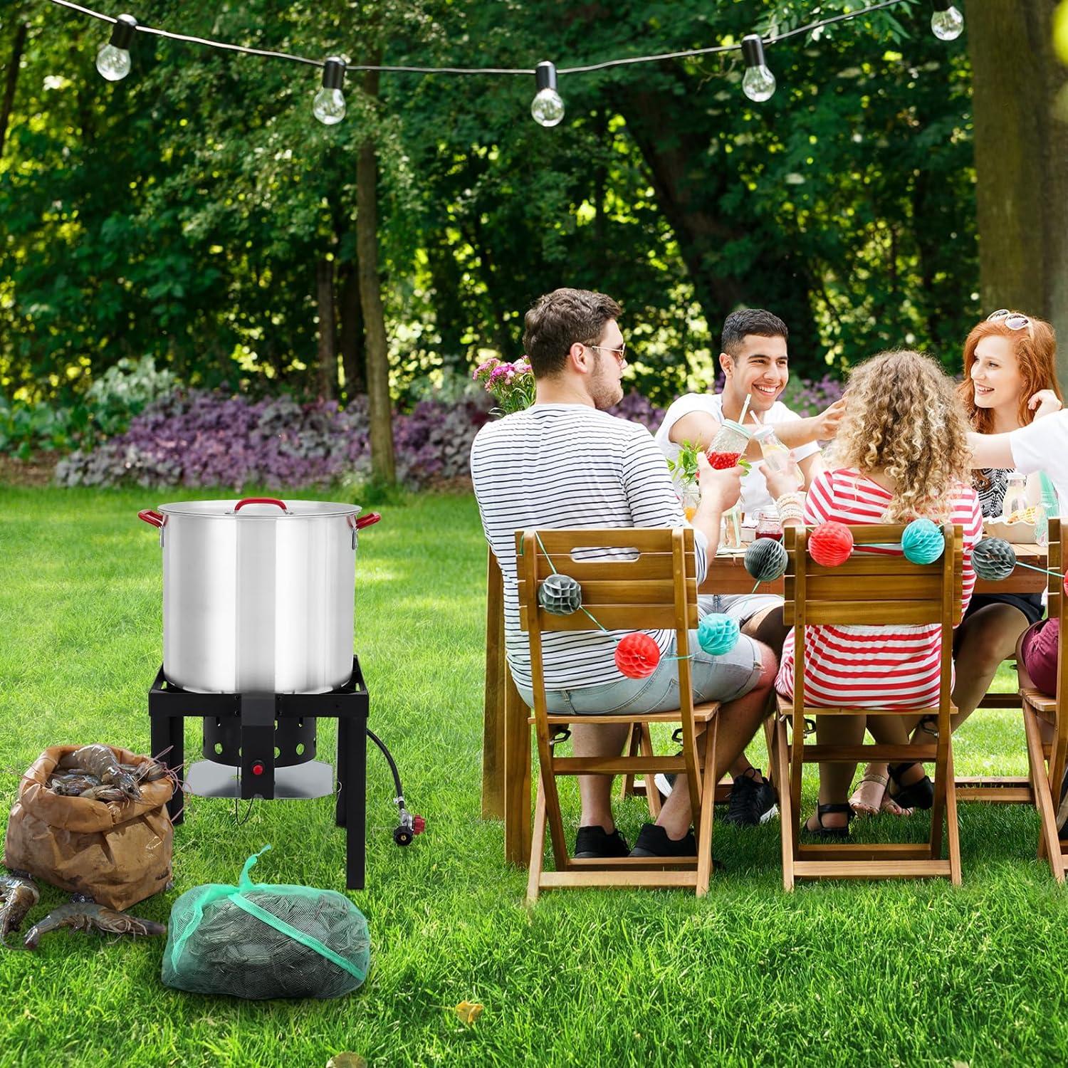 TROPOW 100 Qt Seafood Boil Pot,ACONEE Aluminum Crawfish Boiler w/Steam/Boil Basket & Strainer,110000 BTU Propane Stove Burner with Lifting Hook,10 PSI Regulator,Outdoor Cooking Shrimp Crab Boiler