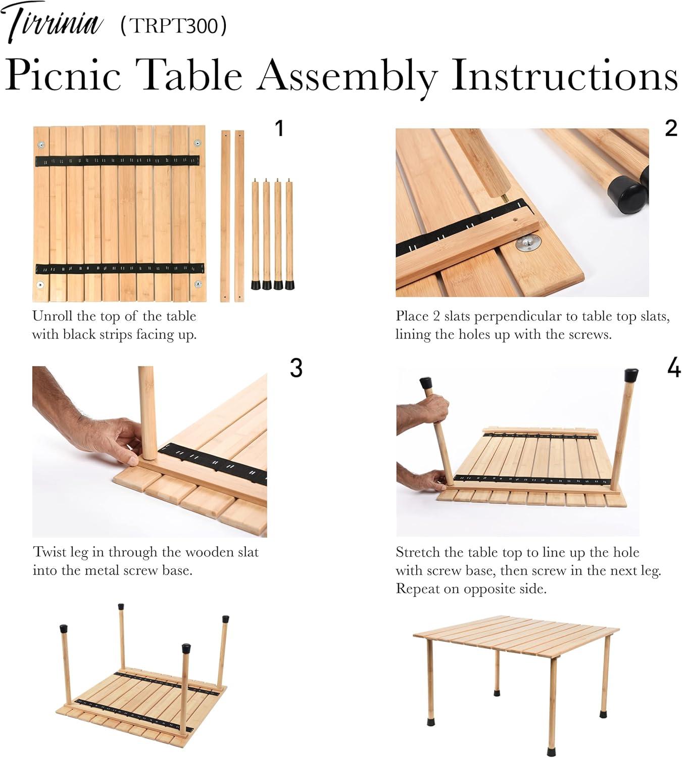 Tirrinia 26x26in Bamboo Picnic Table with Carrying Bag + Free Picnic Pad, Outdoor Portable All-Purpose Table for Concerts, Camping, Beach, Tailgating, Patio, Kitchen, Living Room