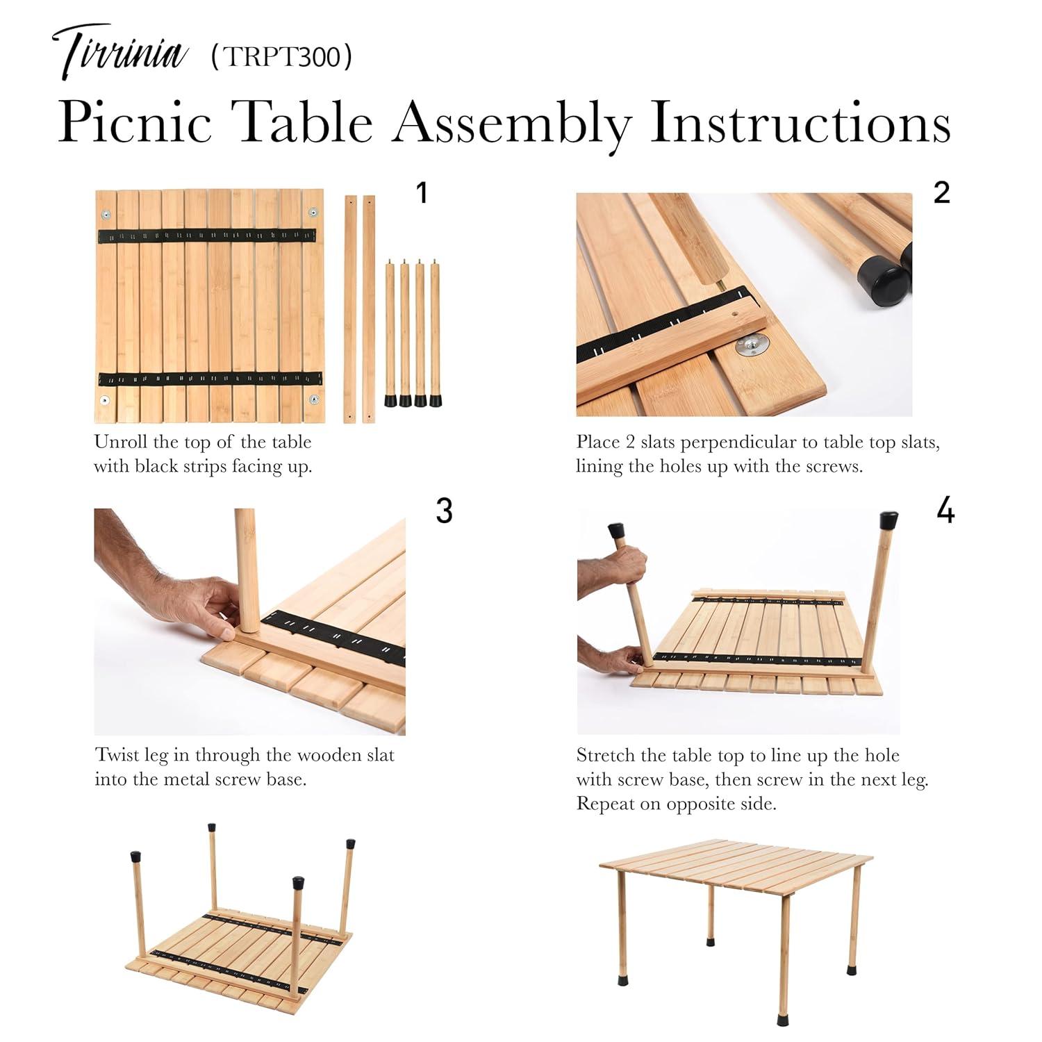 Tirrinia 26x26in Bamboo Picnic Table with Carrying Bag + Free Picnic Pad, Outdoor Portable All-Purpose Table for Concerts, Camping, Beach, Tailgating, Patio, Kitchen, Living Room