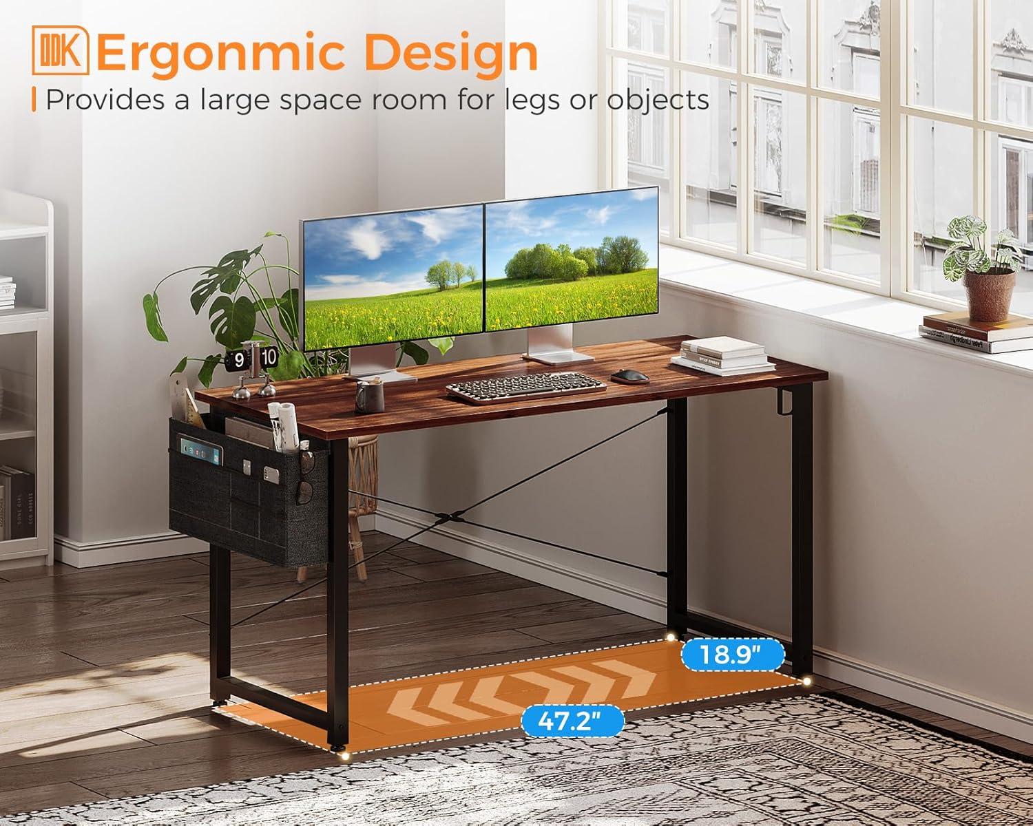 ODK Computer Desk Large Office Desk, 48 Inch Gaming Desk with Storage, Modern PC Desk Work Table with Headphone Hook for Home Office, Deep Brown