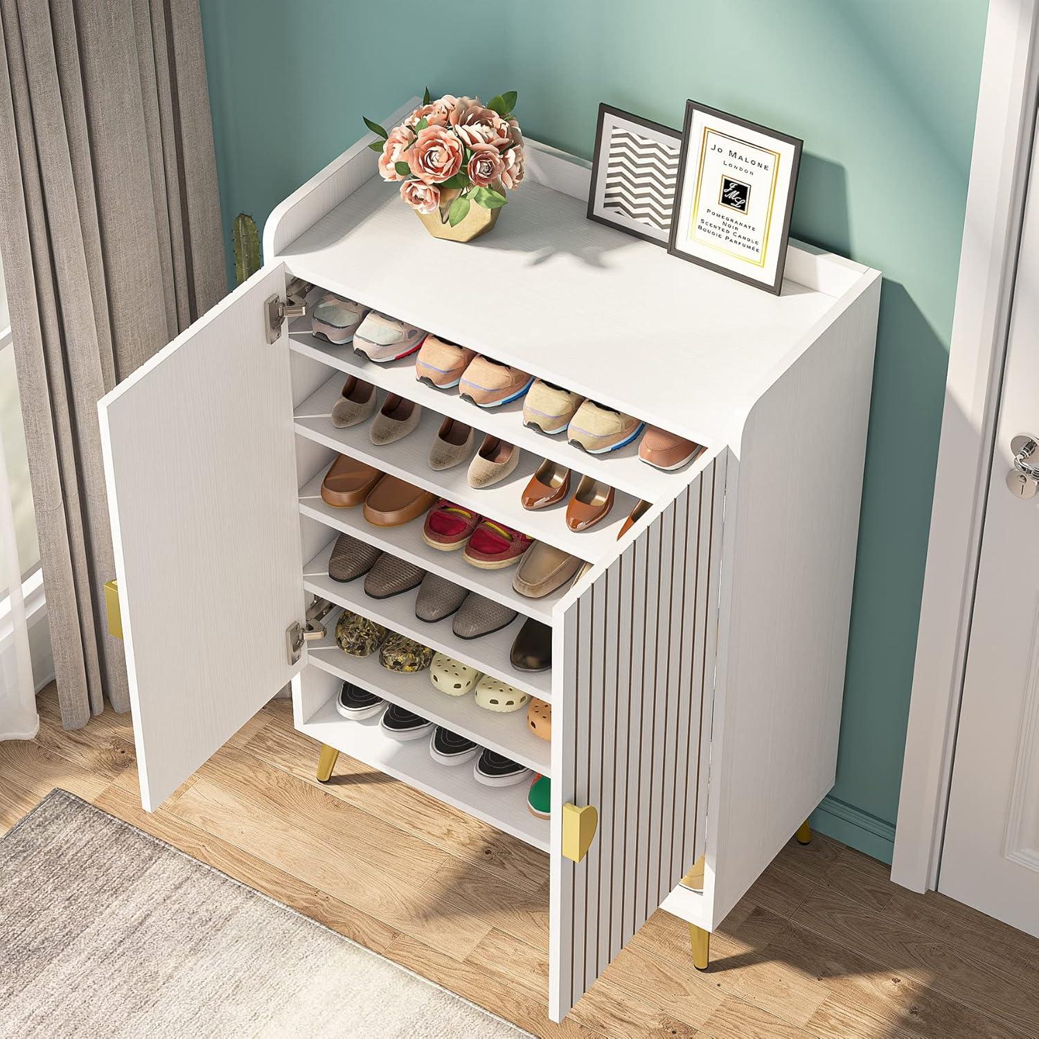 White and Gold 6-Tier Wooden Shoe Cabinet with Adjustable Shelves