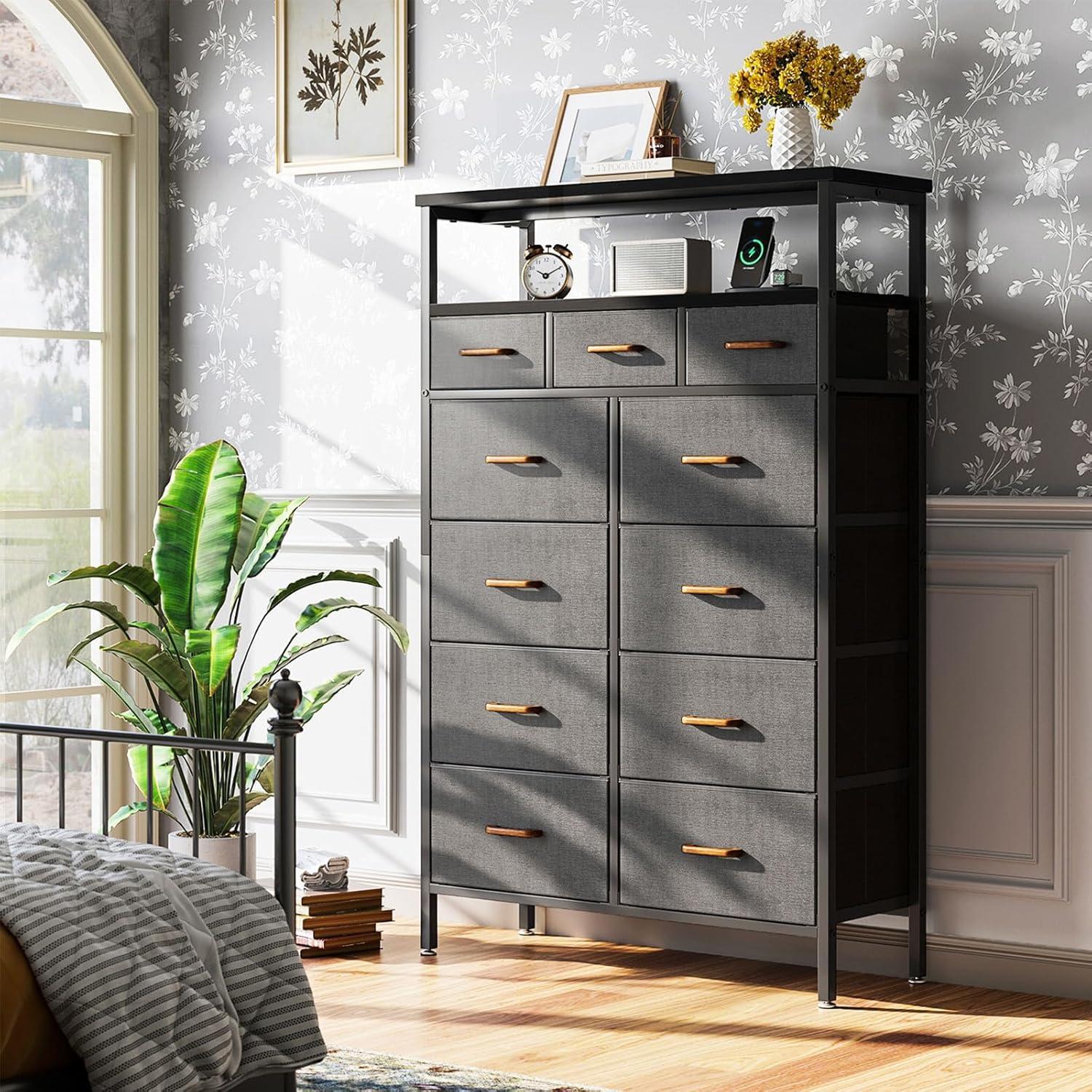 Tall Black and Dark Grey Dresser with Charging Station and 11 Drawers