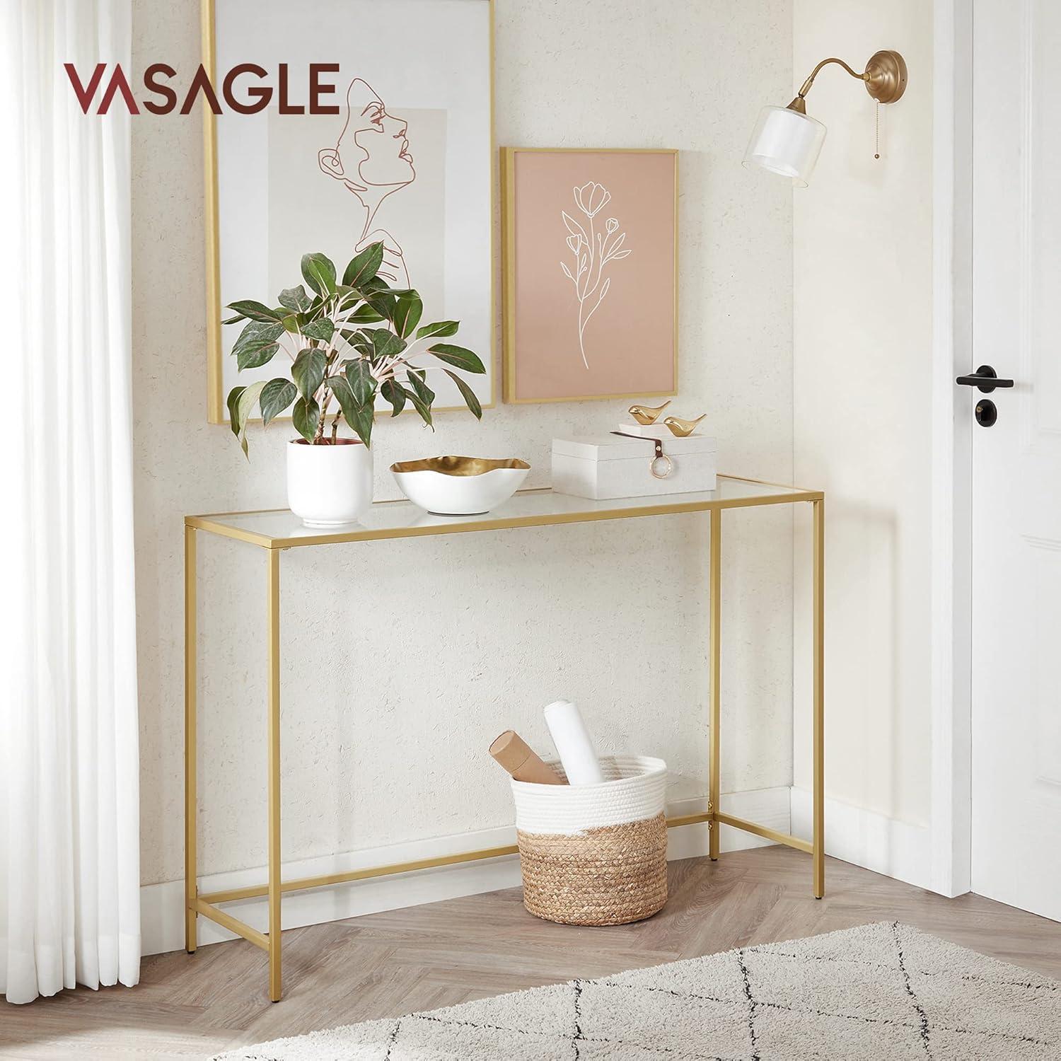 VASAGLE Console Sofa Table, Modern Entryway Table, Tempered Glass Table, Metal Frame 13.8 x 39.4 x 31.5 inches Gold