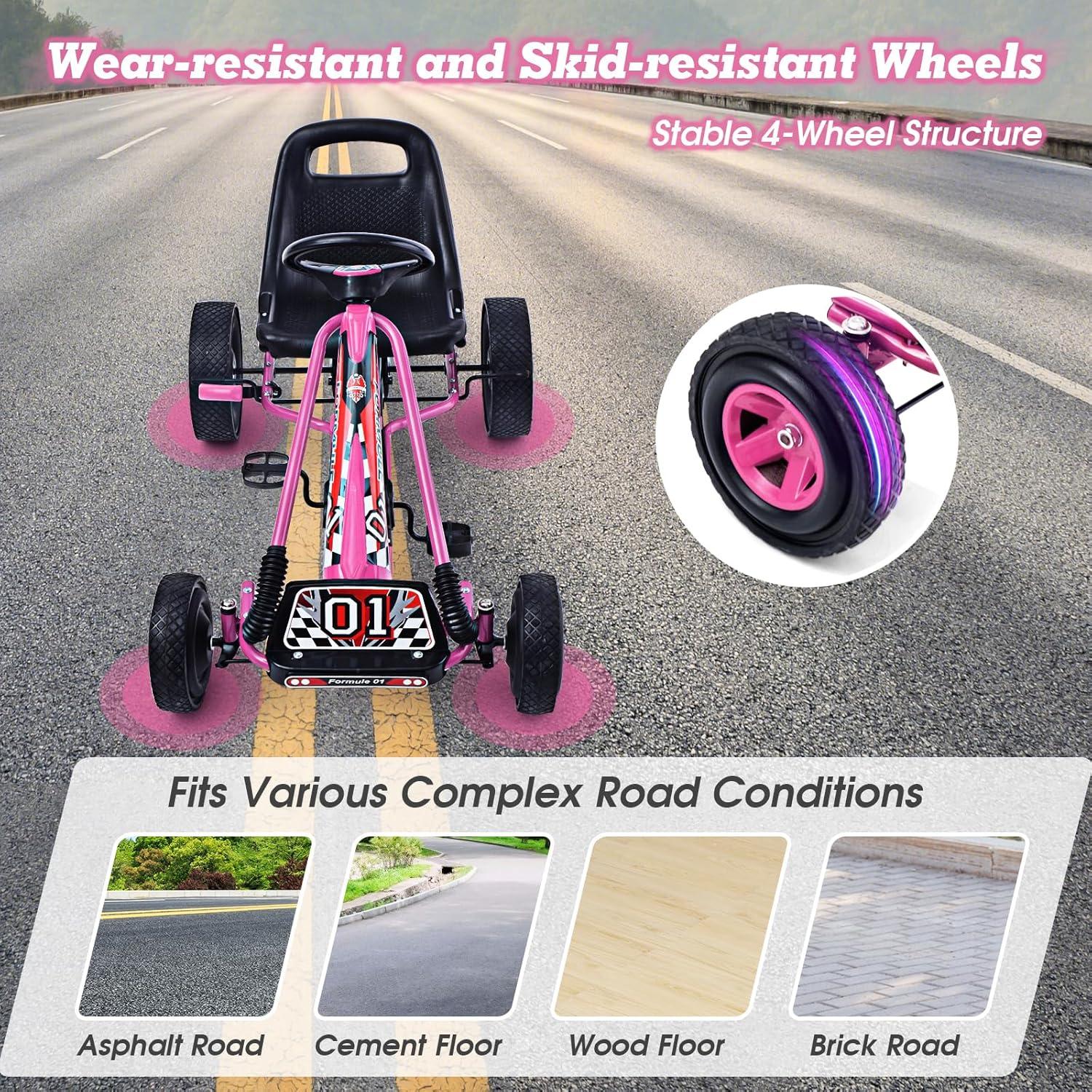 Costway Go Kart 4 Wheel Pedal Powered Kids Ride On Toy with Adjustable Seat Pink