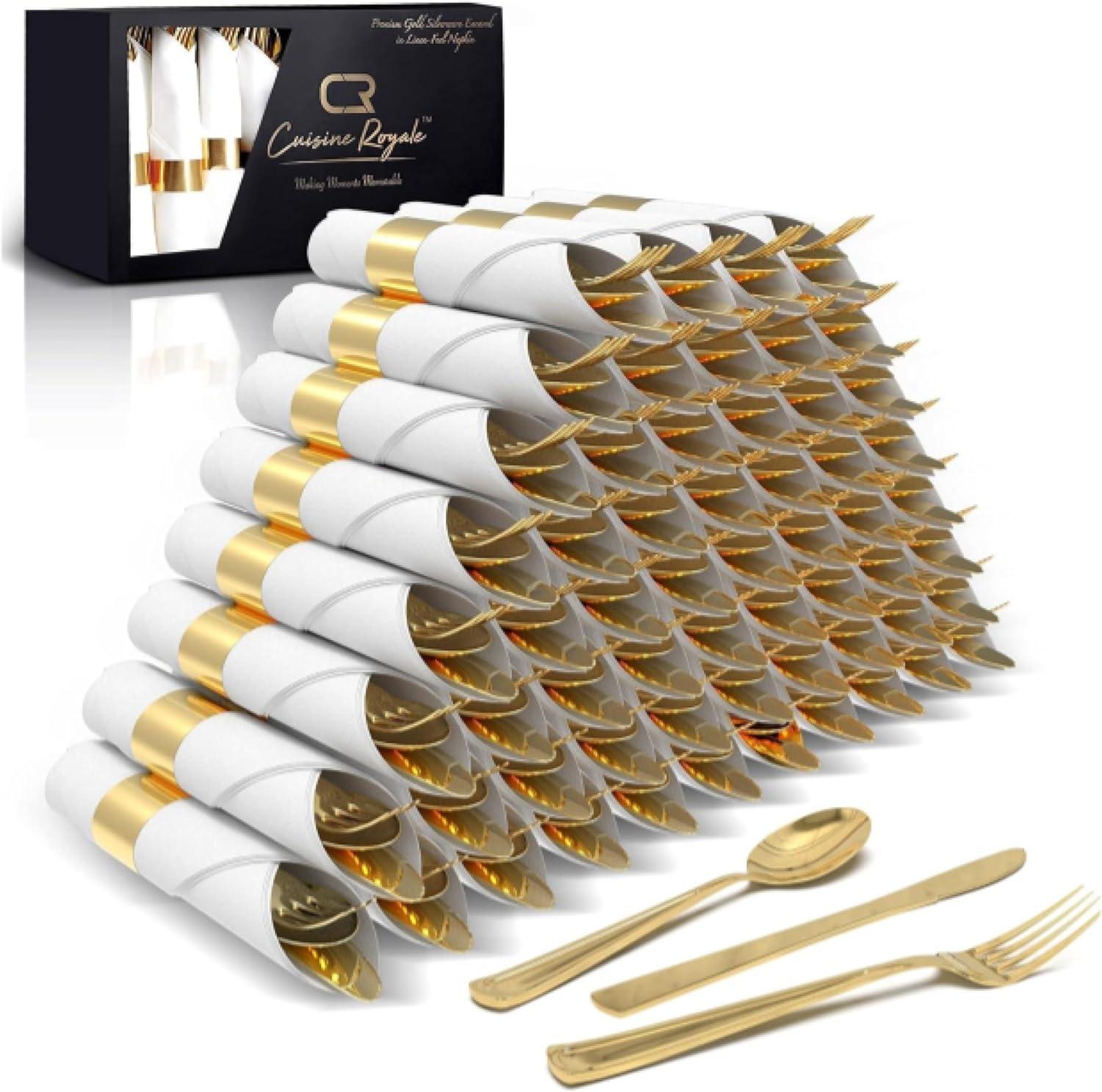 Prestee 50 Pre Rolled Gold Plastic Silverware - 200pc Set - Wrapped Disposable Silverware Set with Forks, Knives, Spoons, White Napkins - for Dinner, Party, Wedding