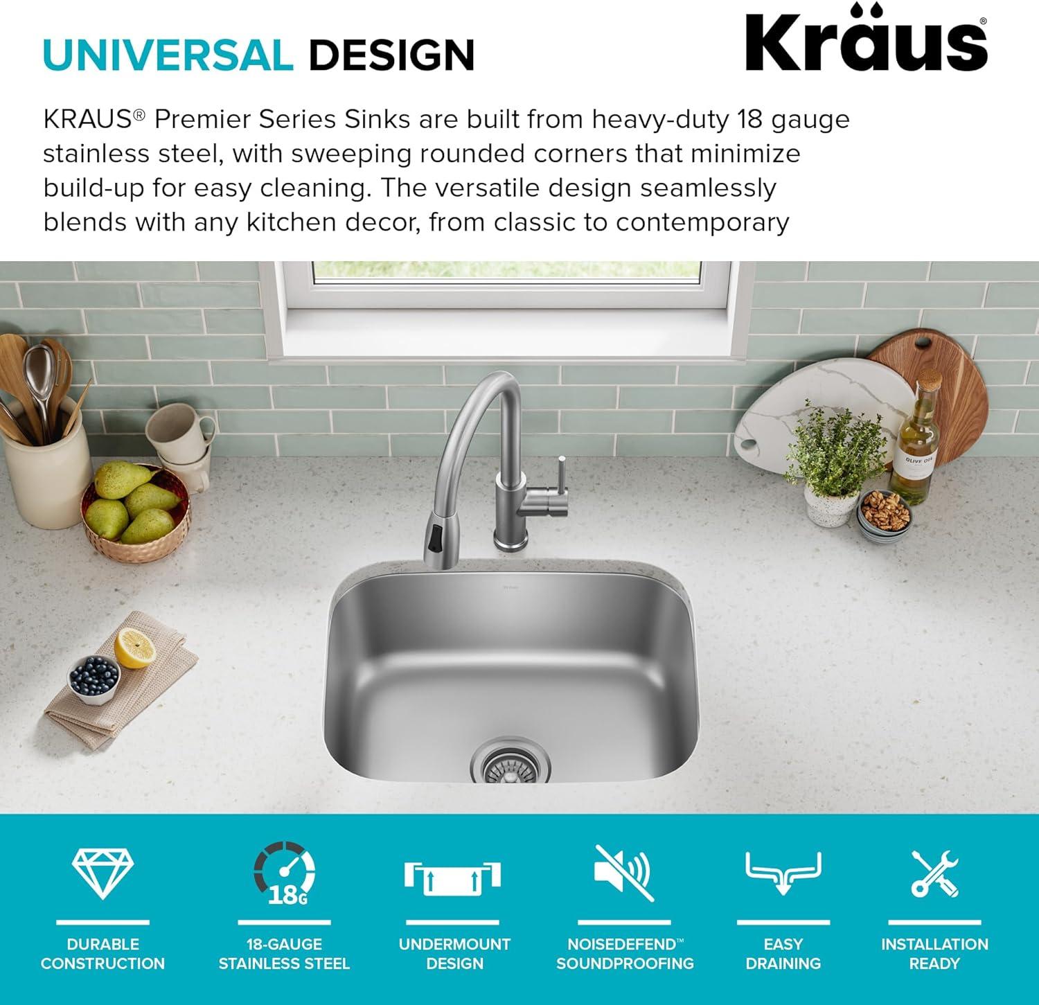 KRAUS Premier 16 Gauge Undermount Single Bowl Stainless Steel Kitchen Sink