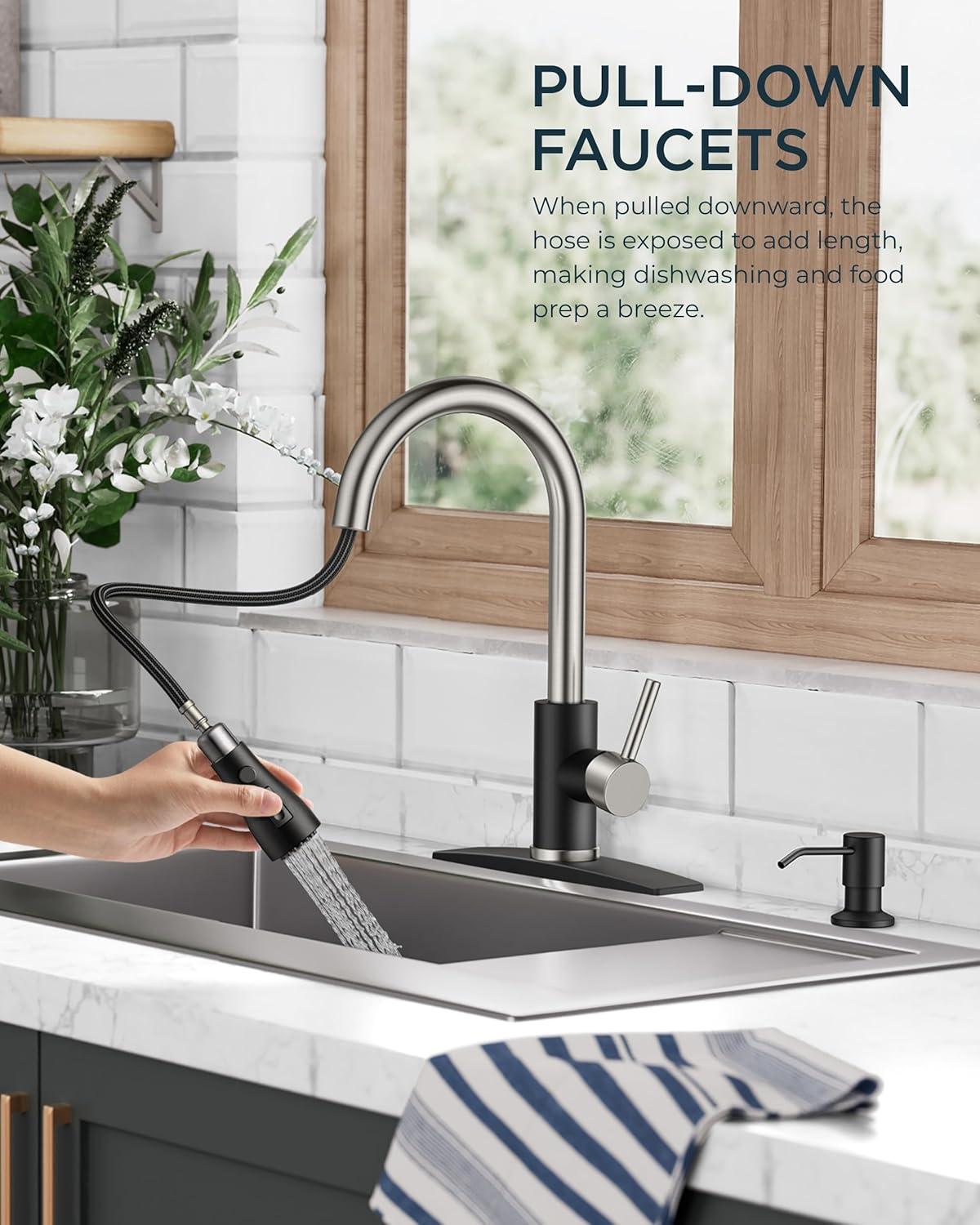 FORIOUS Kitchen Faucets, Brushed Nickel Kitchen Faucet with Pull Down Sprayer, High Arc Single Handle Stainless Steel Sink Faucets 1 or 3 Hole, Kitchen Sink Faucets for Farmhouse Camper Laundry Rv Bar