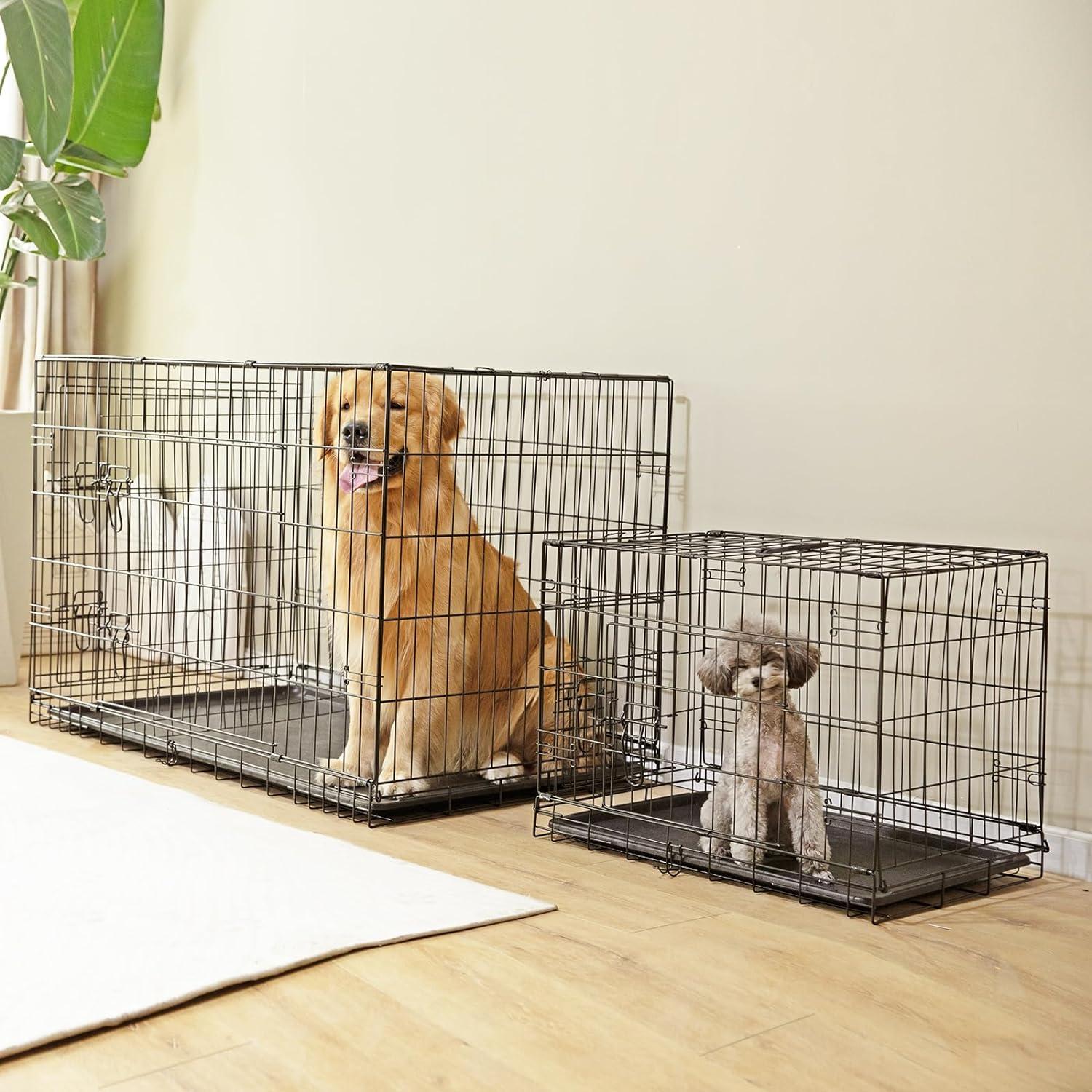 EDX Big Dog Crate with Divider Panel, 48 Inch Double Door Folding Metal Wire Dog Cage with Plastic Leak-Proof Pan Tray