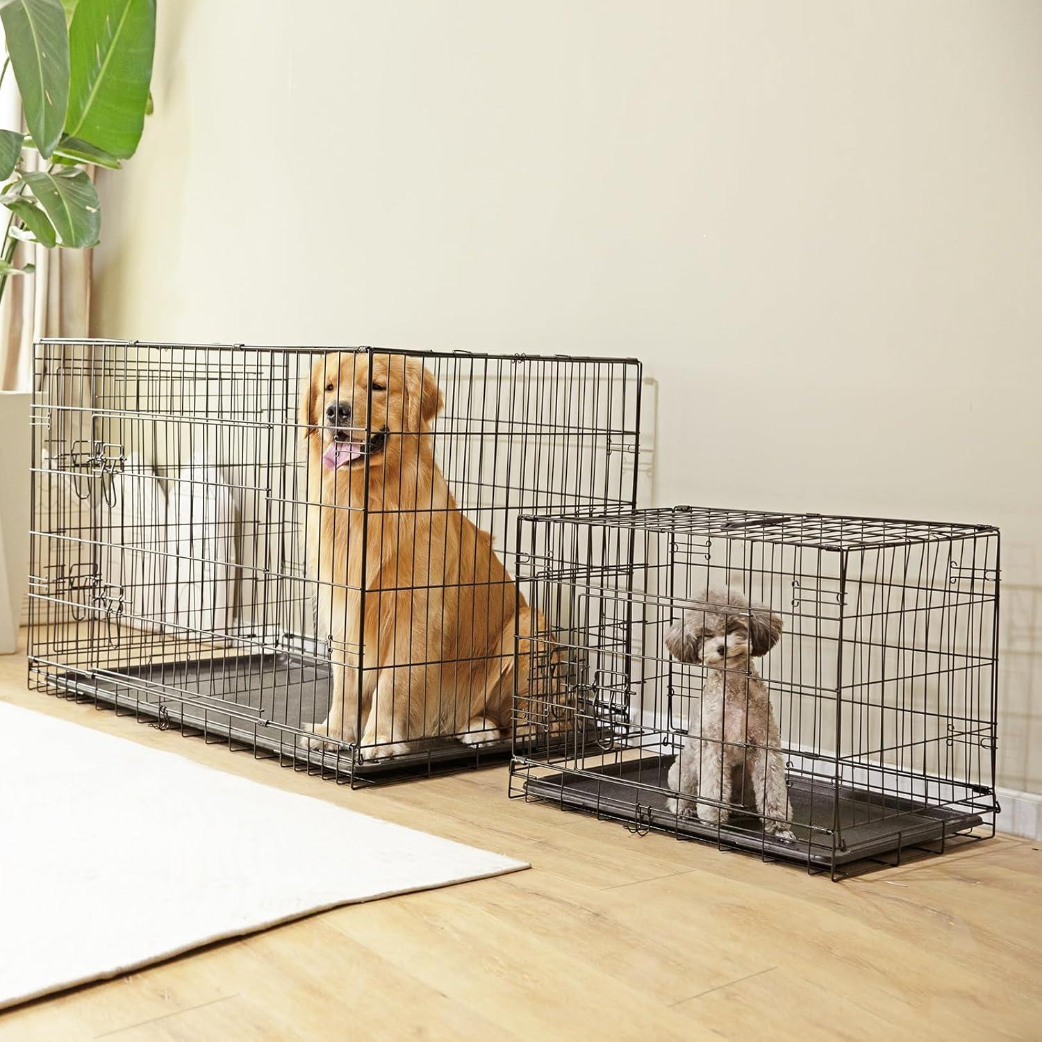 EDX Big Dog Crate with Divider Panel, 48 Inch Double Door Folding Metal Wire Dog Cage with Plastic Leak-Proof Pan Tray