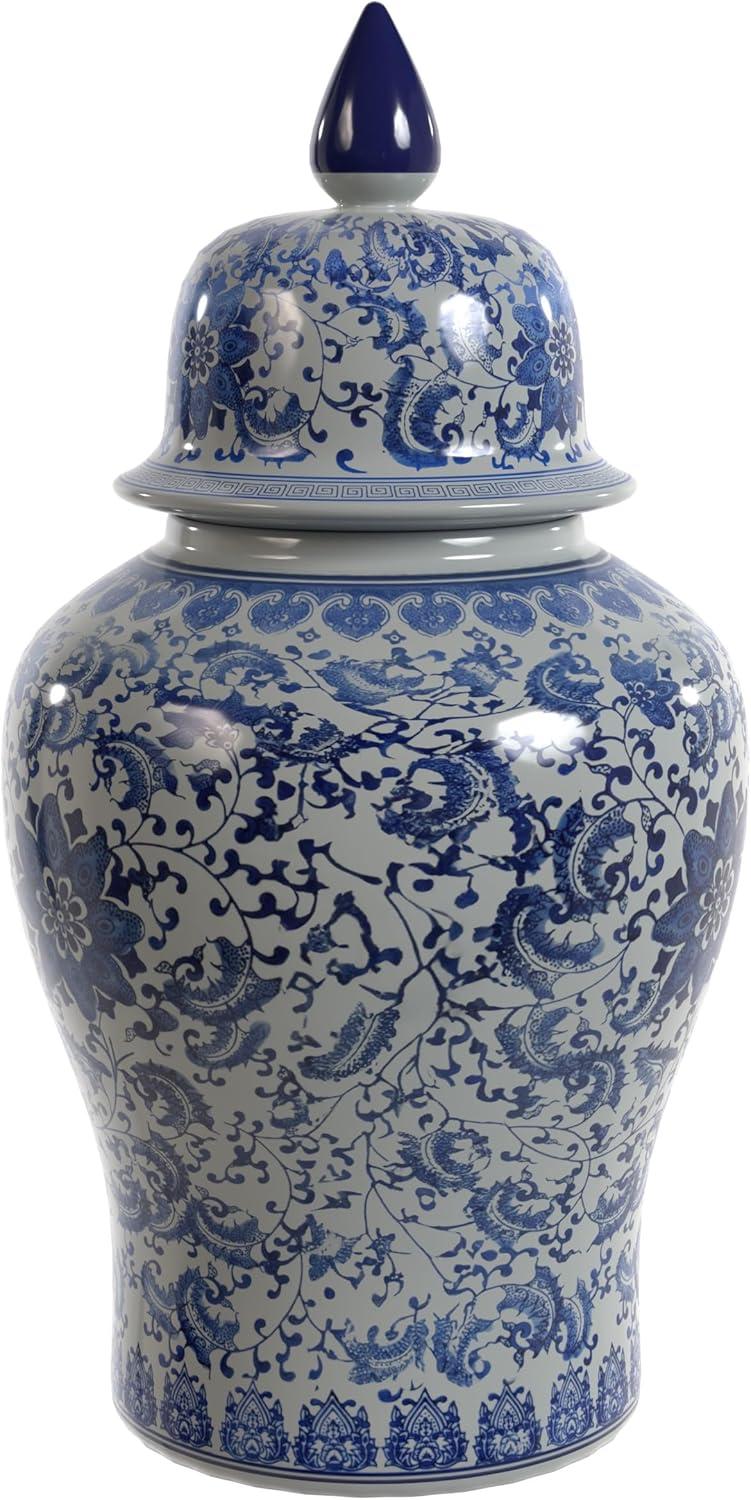 24" Floral Blue & White Porcelain Temple Jar